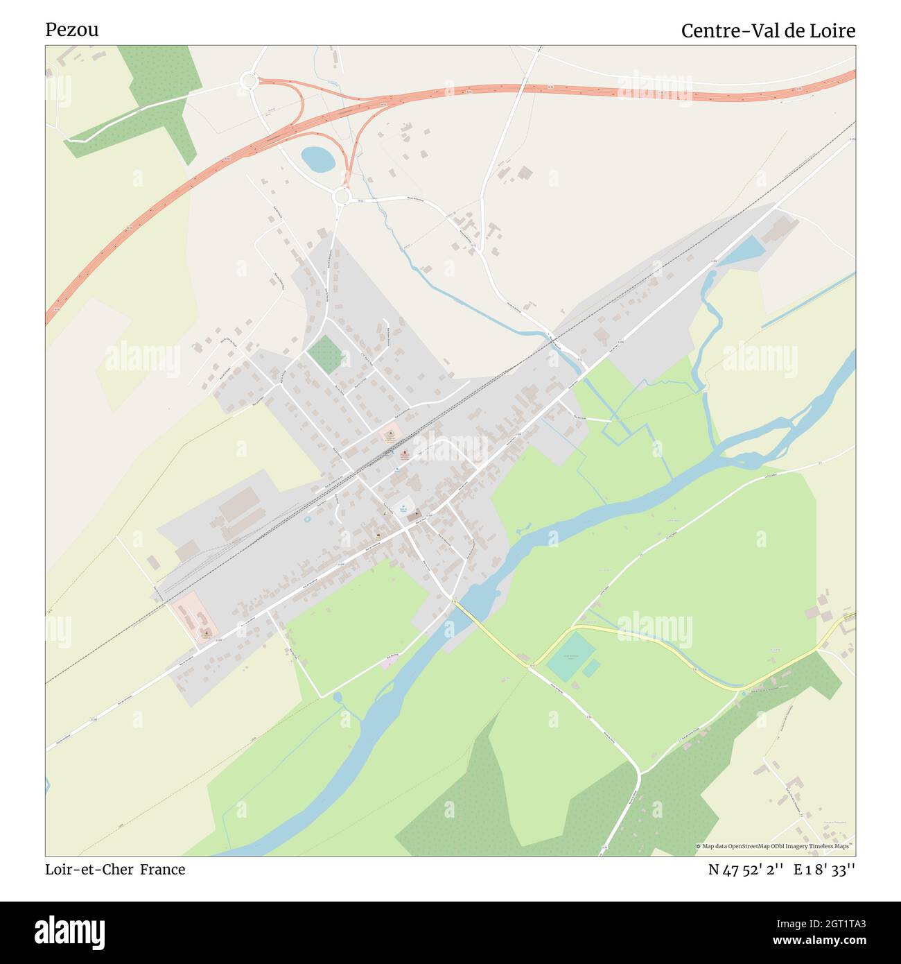 Pezou, Loir-et-Cher, Francia, Centre-Val de Loire, N 47 52' 2'', e 1 8' 33''', mappa, Mappa senza tempo pubblicata nel 2021. Viaggiatori, esploratori e avventurieri come Florence Nightingale, David Livingstone, Ernest Shackleton, Lewis and Clark e Sherlock Holmes si sono affidati alle mappe per pianificare i viaggi verso gli angoli più remoti del mondo, Timeless Maps sta mappando la maggior parte delle località del mondo, mostrando il successo di grandi sogni Foto Stock