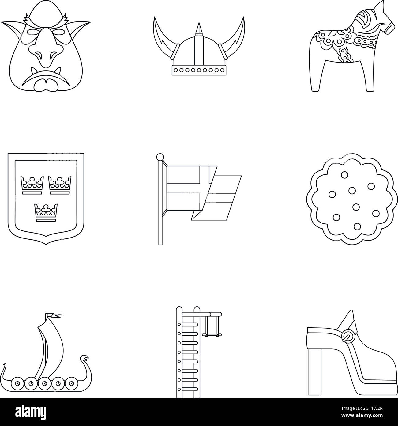 Paese Svezia icone impostate, stile di contorno Illustrazione Vettoriale