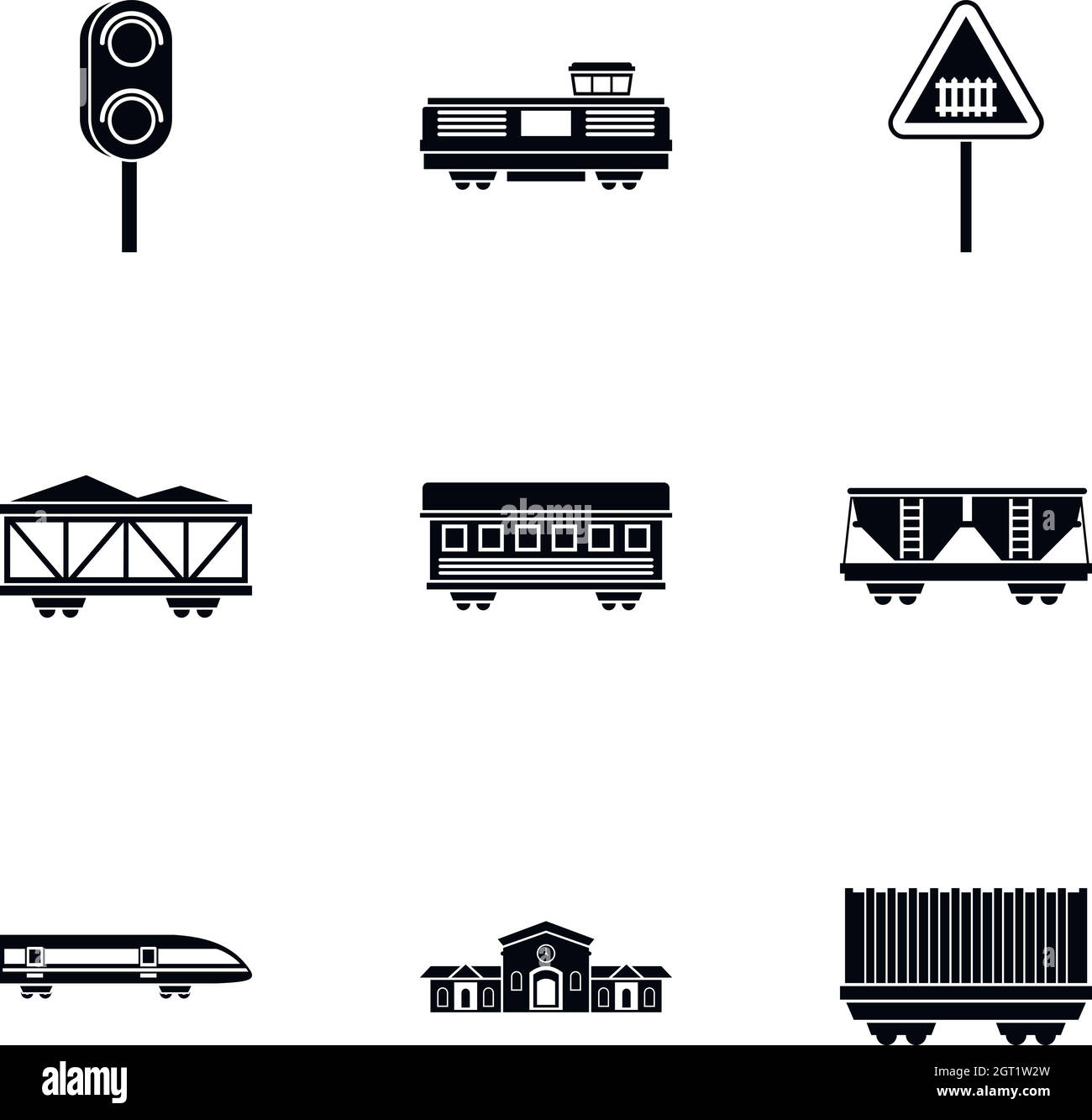 Icone del trasporto ferroviario impostate, stile semplice Illustrazione Vettoriale