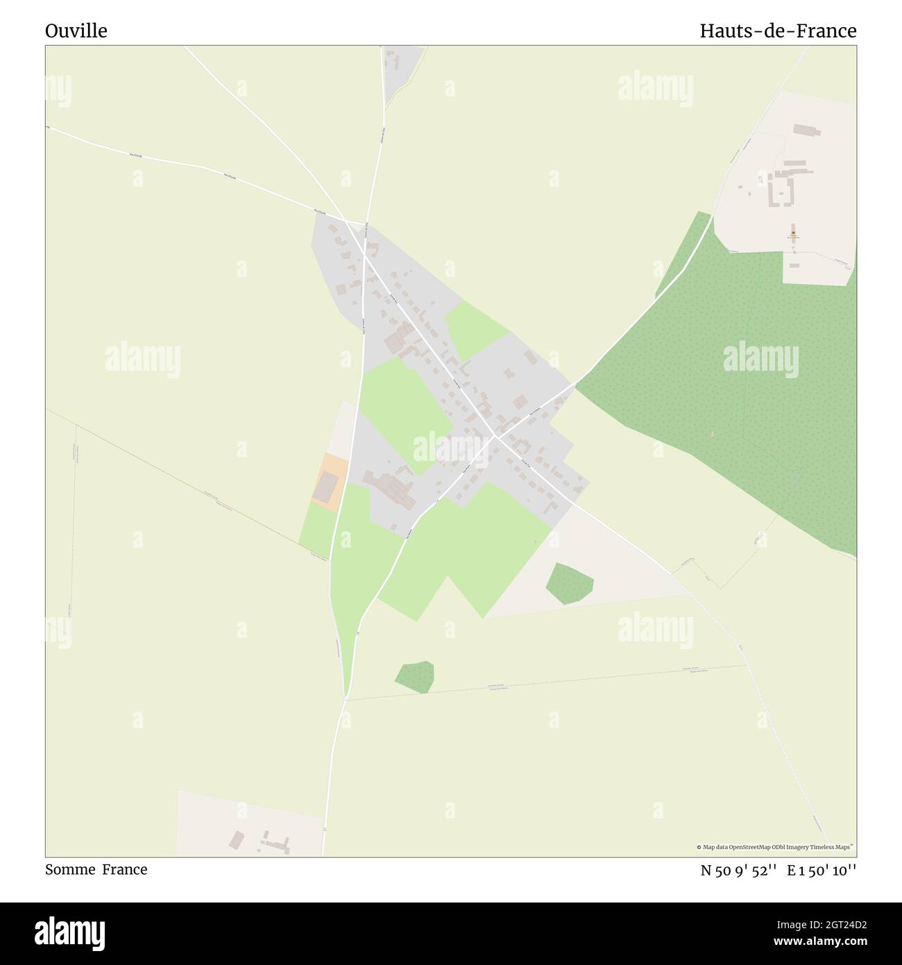 Ouville, Somme, Francia, Hauts-de-France, N 50 9' 52'', e 1 50' 10''', mappa, mappa senza tempo pubblicata nel 2021. Viaggiatori, esploratori e avventurieri come Florence Nightingale, David Livingstone, Ernest Shackleton, Lewis and Clark e Sherlock Holmes si sono affidati alle mappe per pianificare i viaggi verso gli angoli più remoti del mondo, Timeless Maps sta mappando la maggior parte delle località del mondo, mostrando il successo di grandi sogni Foto Stock