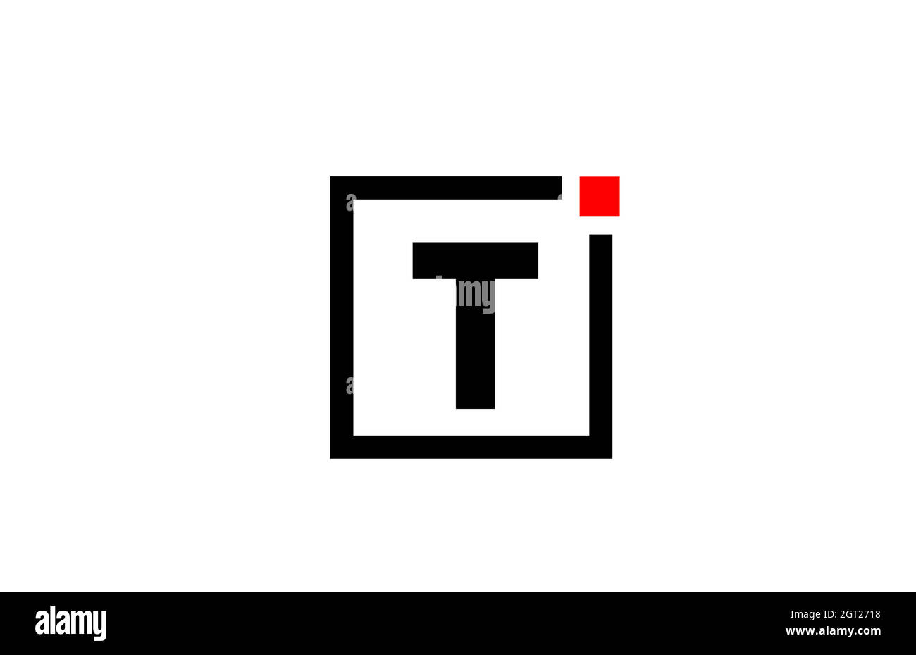Icona del logo lettera T in bianco e nero. Design aziendale e aziendale con punto quadrato e rosso. Modello di identità aziendale creativo Illustrazione Vettoriale