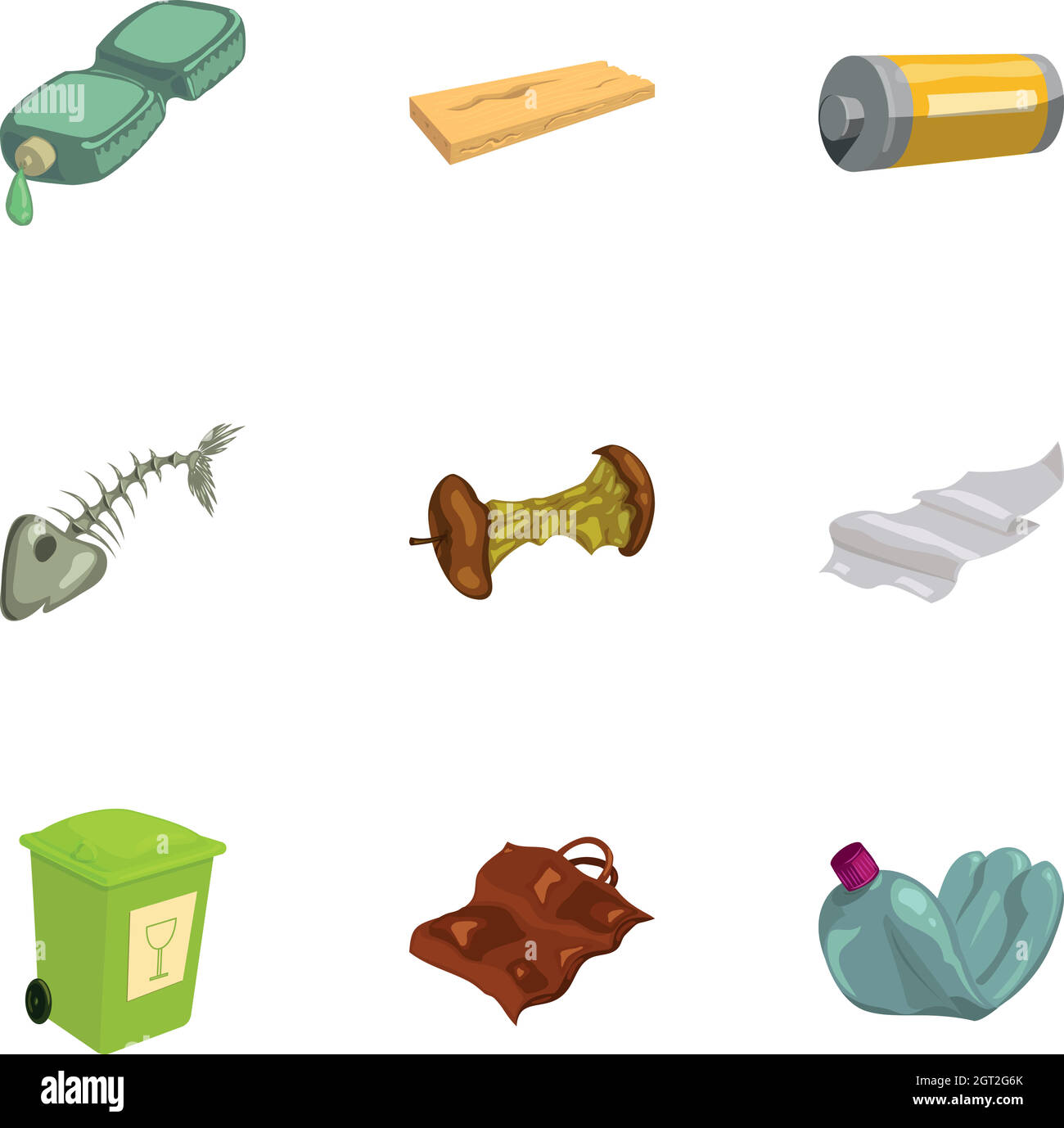 Icone di ordinamento dei rifiuti impostate, stile cartoon Illustrazione Vettoriale