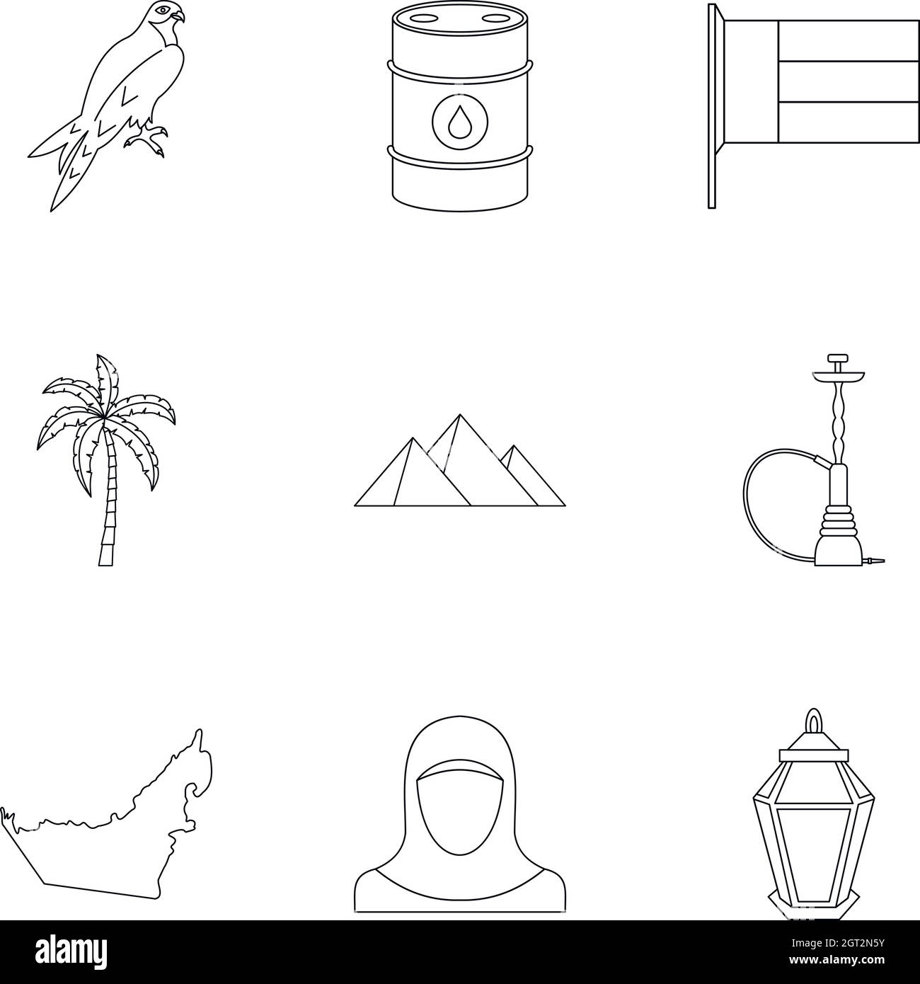 Stato delle icone degli Emirati Arabi Uniti impostato, stile contorno Illustrazione Vettoriale