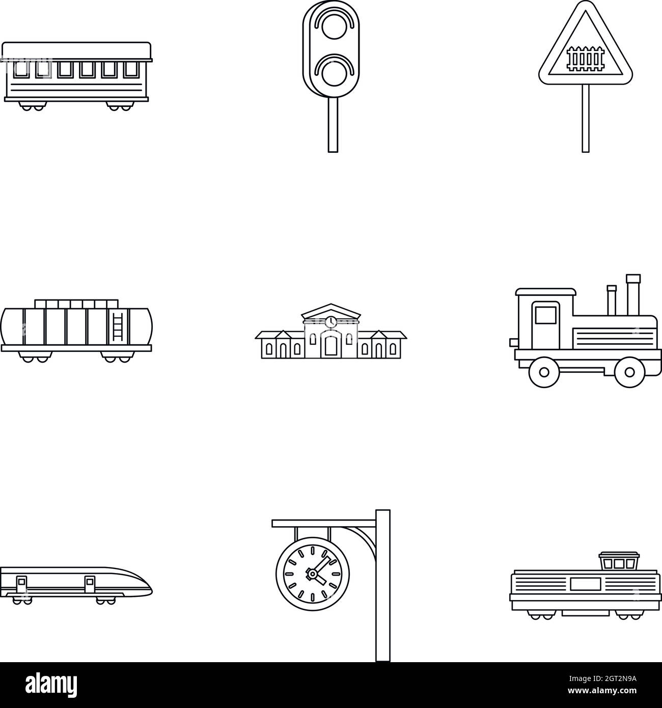 Icone del trasporto ferroviario impostate, stile del profilo Illustrazione Vettoriale