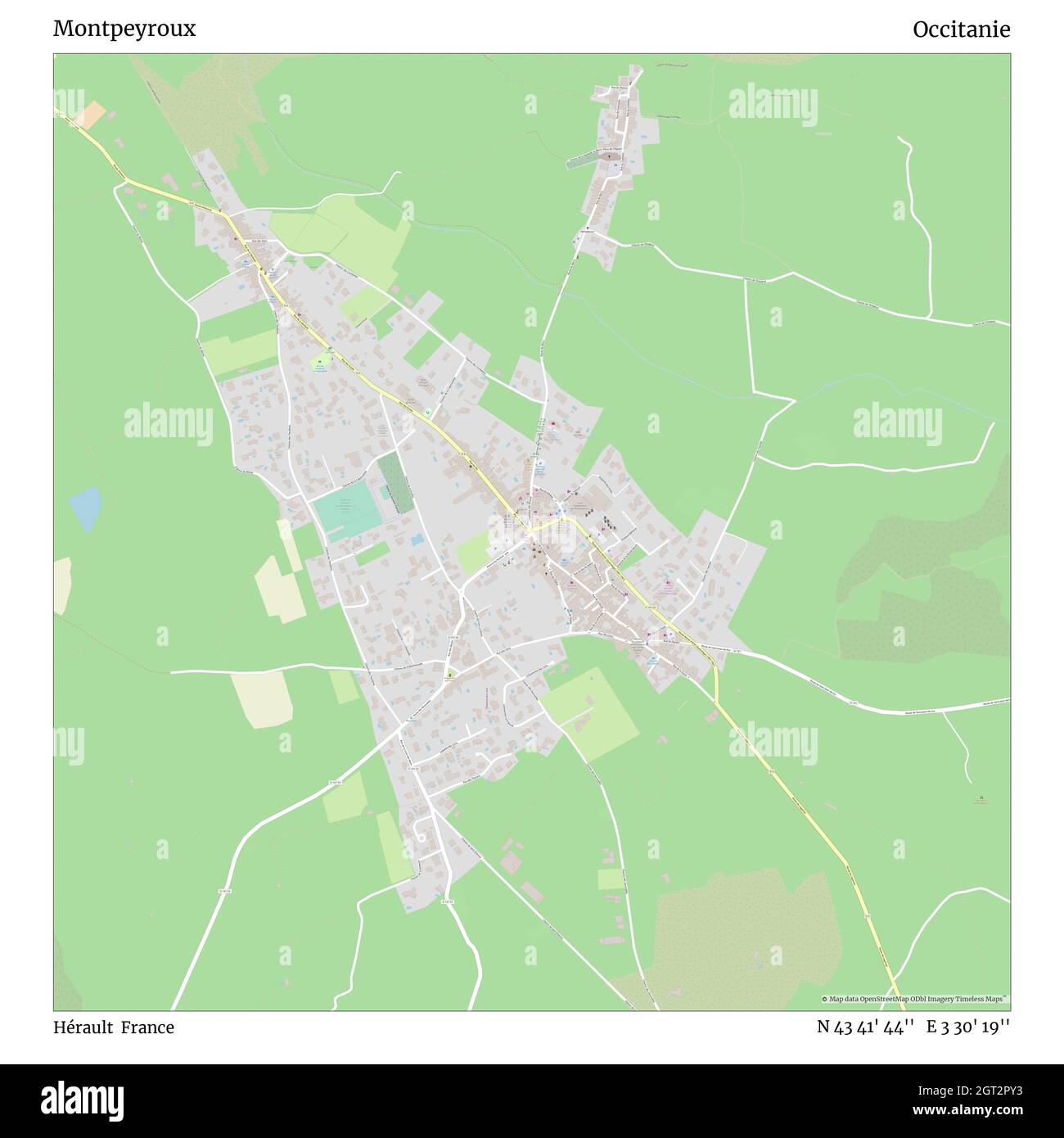 Montpeyroux, Hérault, Francia, Occitanie, N 43 41' 44'', e 3 30' 19''', mappa, mappa senza tempo pubblicata nel 2021. Viaggiatori, esploratori e avventurieri come Florence Nightingale, David Livingstone, Ernest Shackleton, Lewis and Clark e Sherlock Holmes si sono affidati alle mappe per pianificare i viaggi verso gli angoli più remoti del mondo, Timeless Maps sta mappando la maggior parte delle località del mondo, mostrando il successo di grandi sogni Foto Stock