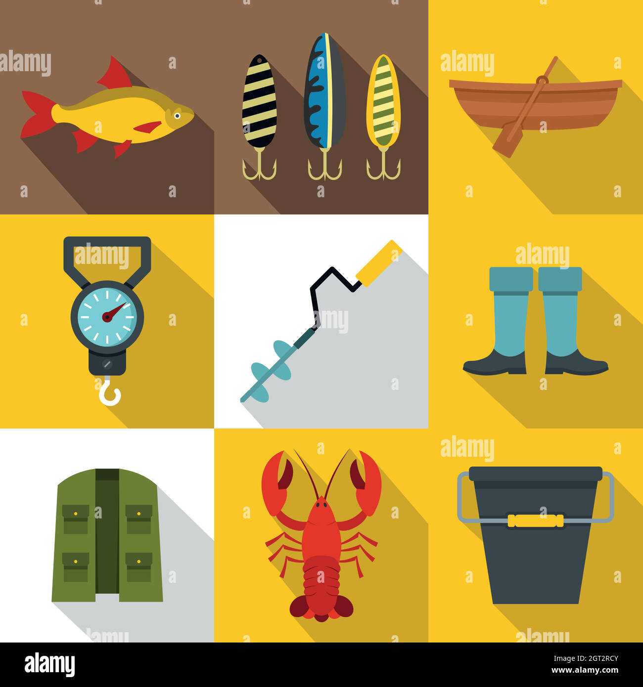 Set icone sport pesca, stile piatto Illustrazione Vettoriale