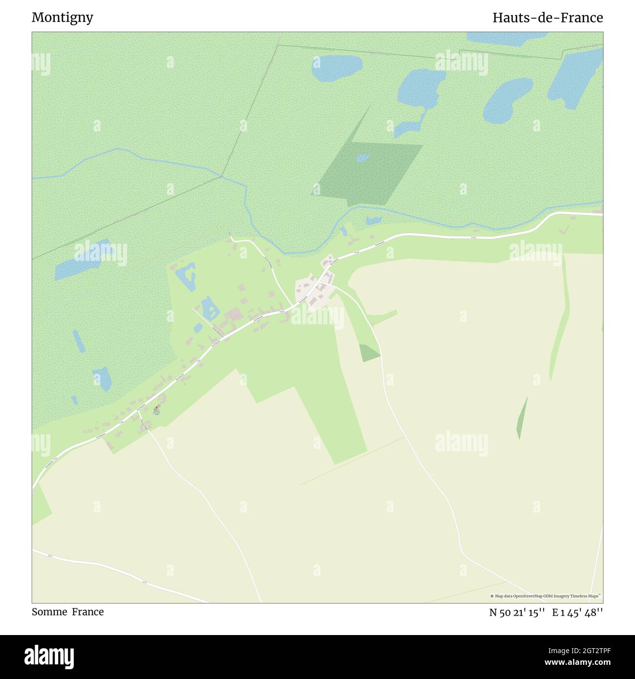 Montigny, Somme, Francia, Hauts-de-France, N 50 21' 15'', e 1 45' 48''', mappa, carta senza tempo pubblicata nel 2021. Viaggiatori, esploratori e avventurieri come Florence Nightingale, David Livingstone, Ernest Shackleton, Lewis and Clark e Sherlock Holmes si sono affidati alle mappe per pianificare i viaggi verso gli angoli più remoti del mondo, Timeless Maps sta mappando la maggior parte delle località del mondo, mostrando il successo di grandi sogni Foto Stock