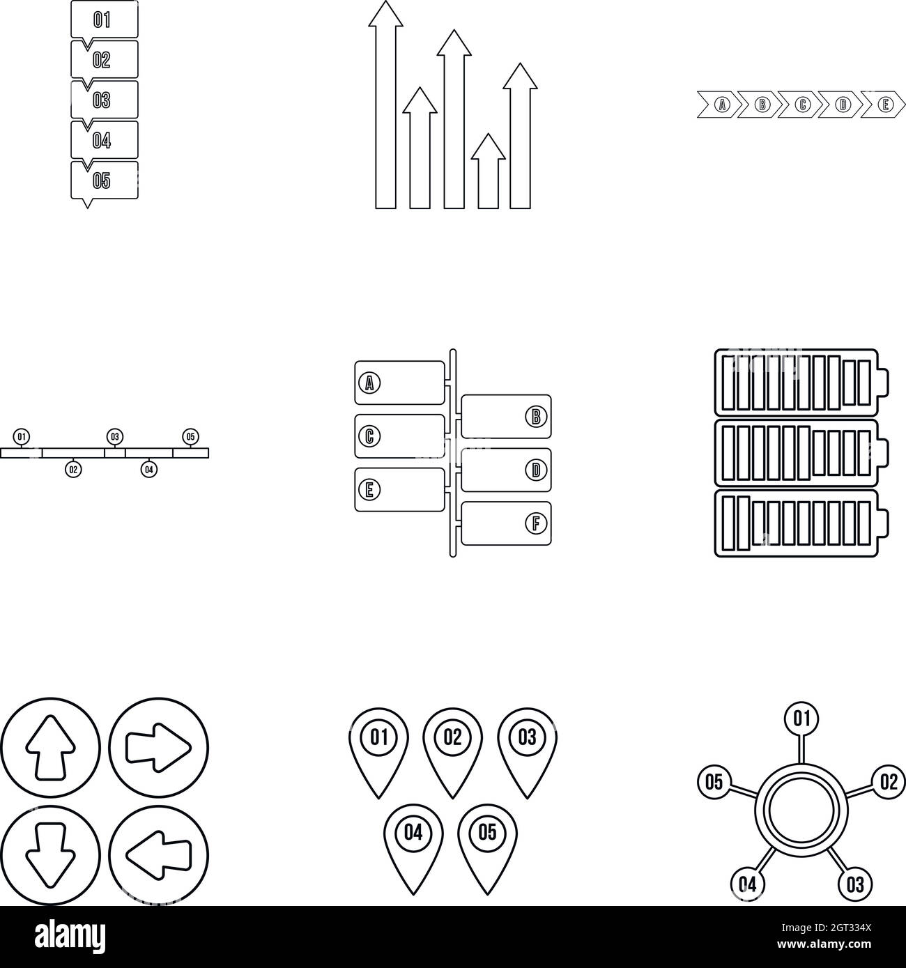 Icone analista di affari impostate, stile di contorno Illustrazione Vettoriale