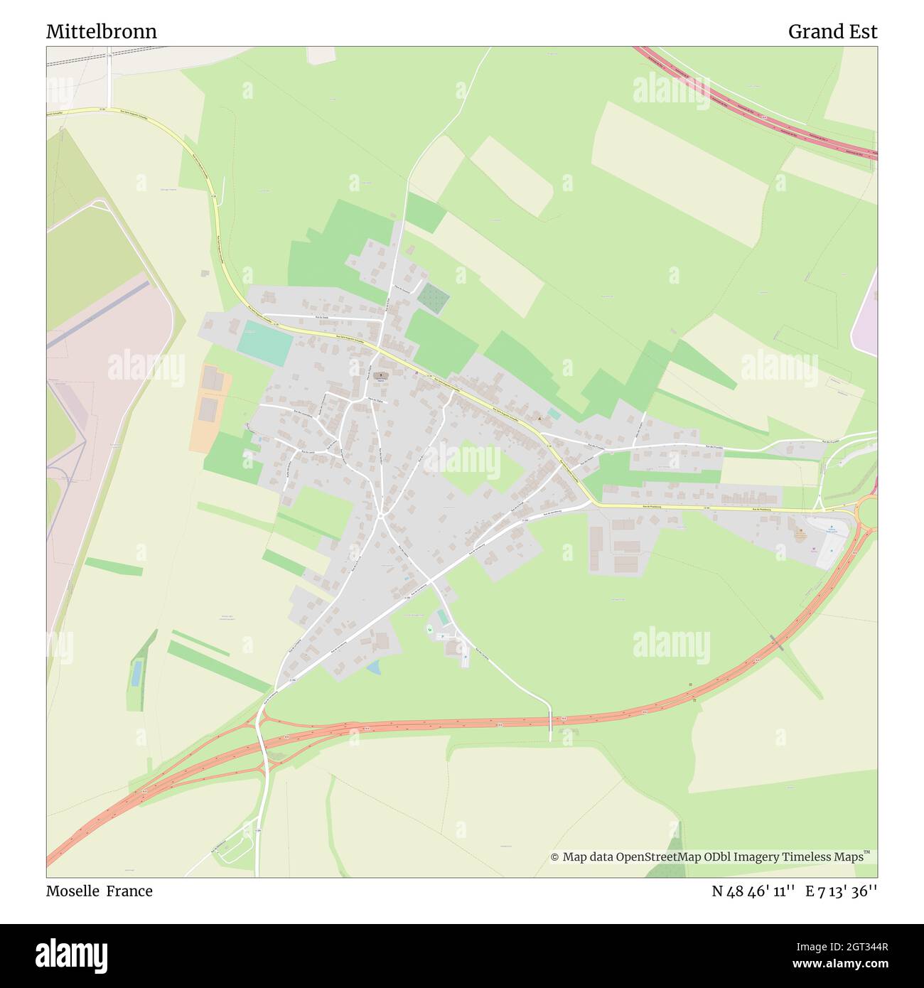 Mittelbronn, Mosella, Francia, Grand Est, N 48 46' 11'', e 7 13' 36''', mappa, mappa senza tempo pubblicata nel 2021. Viaggiatori, esploratori e avventurieri come Florence Nightingale, David Livingstone, Ernest Shackleton, Lewis and Clark e Sherlock Holmes si sono affidati alle mappe per pianificare i viaggi verso gli angoli più remoti del mondo, Timeless Maps sta mappando la maggior parte delle località del mondo, mostrando il successo di grandi sogni Foto Stock