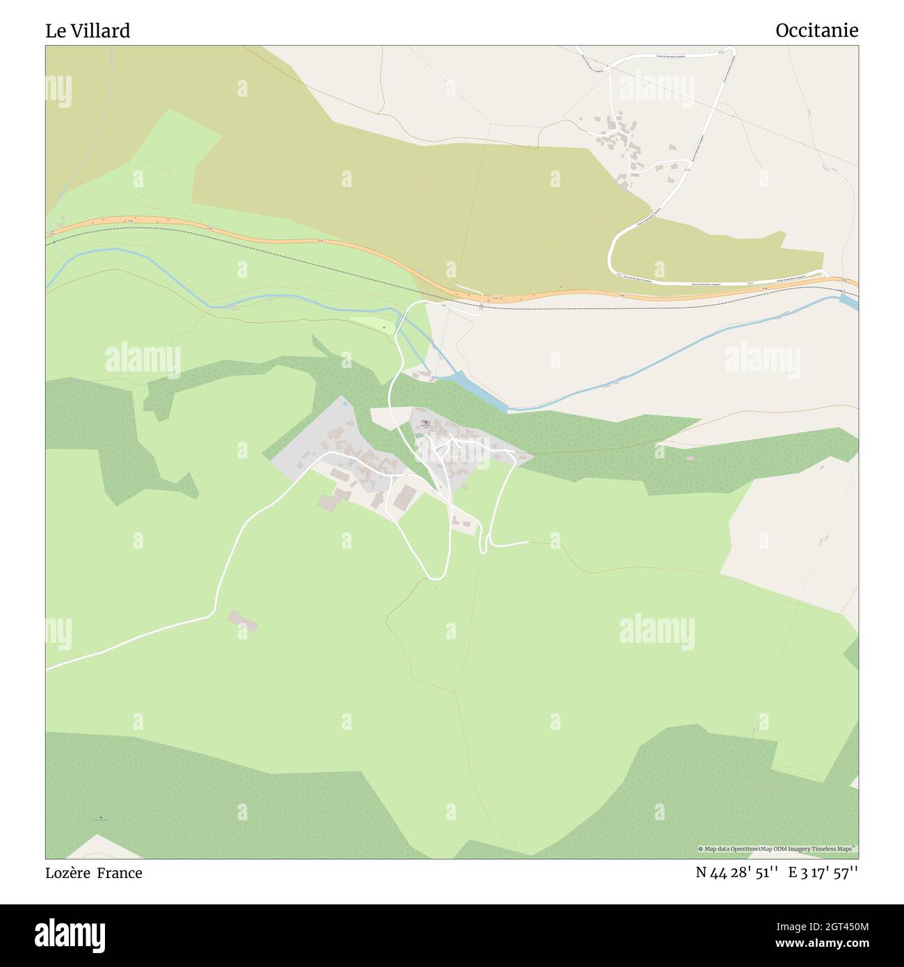 Le Villard, Lozère, Francia, Occitanie, N 44 28' 51'', e 3 17' 57''', mappa, mappa senza tempo pubblicata nel 2021. Viaggiatori, esploratori e avventurieri come Florence Nightingale, David Livingstone, Ernest Shackleton, Lewis and Clark e Sherlock Holmes si sono affidati alle mappe per pianificare i viaggi verso gli angoli più remoti del mondo, Timeless Maps sta mappando la maggior parte delle località del mondo, mostrando il successo di grandi sogni Foto Stock