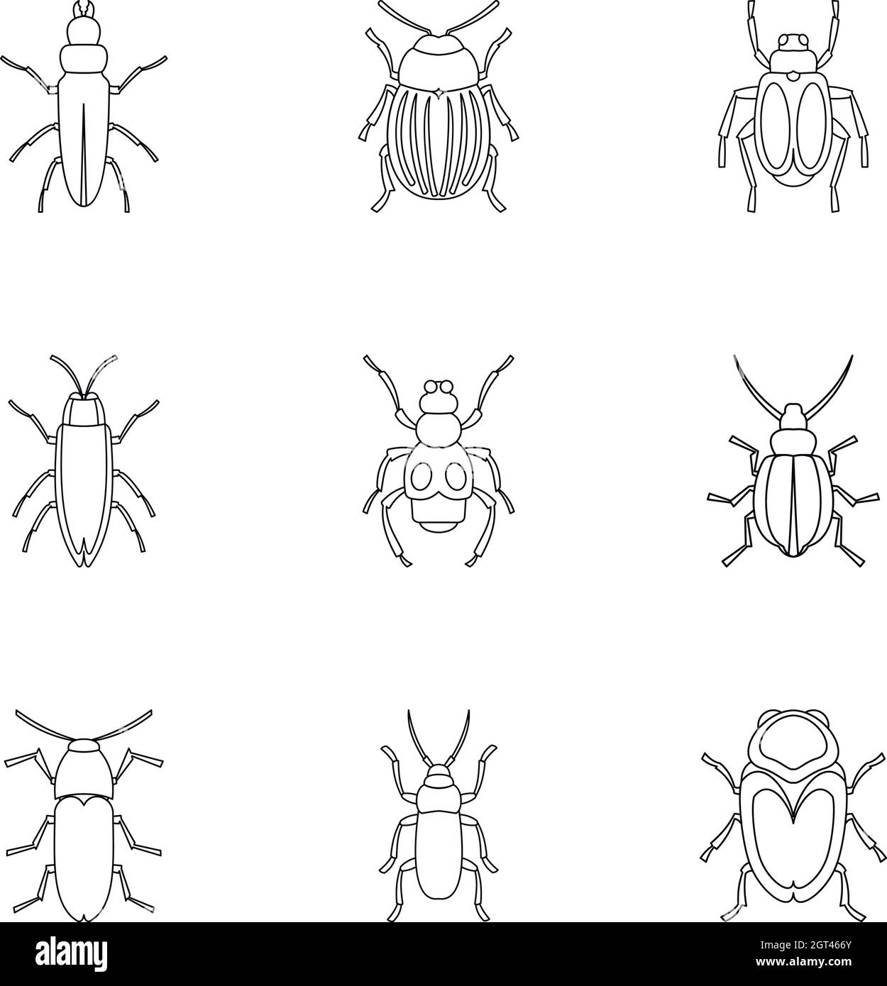 Ordine icone coleoptera impostato, stile contorno Illustrazione Vettoriale