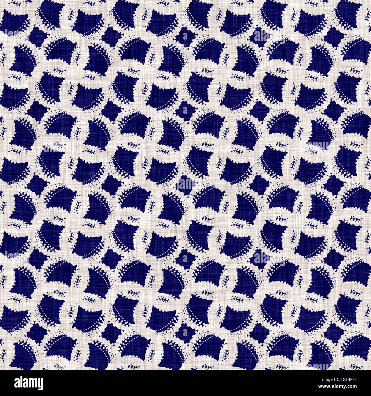 Texture indaco-cerchio senza cuciture. Sfondo blu effetto boro cotone tinto. Giappone ripetizione batik modello di resist. Stampe asiatiche stellato Foto Stock