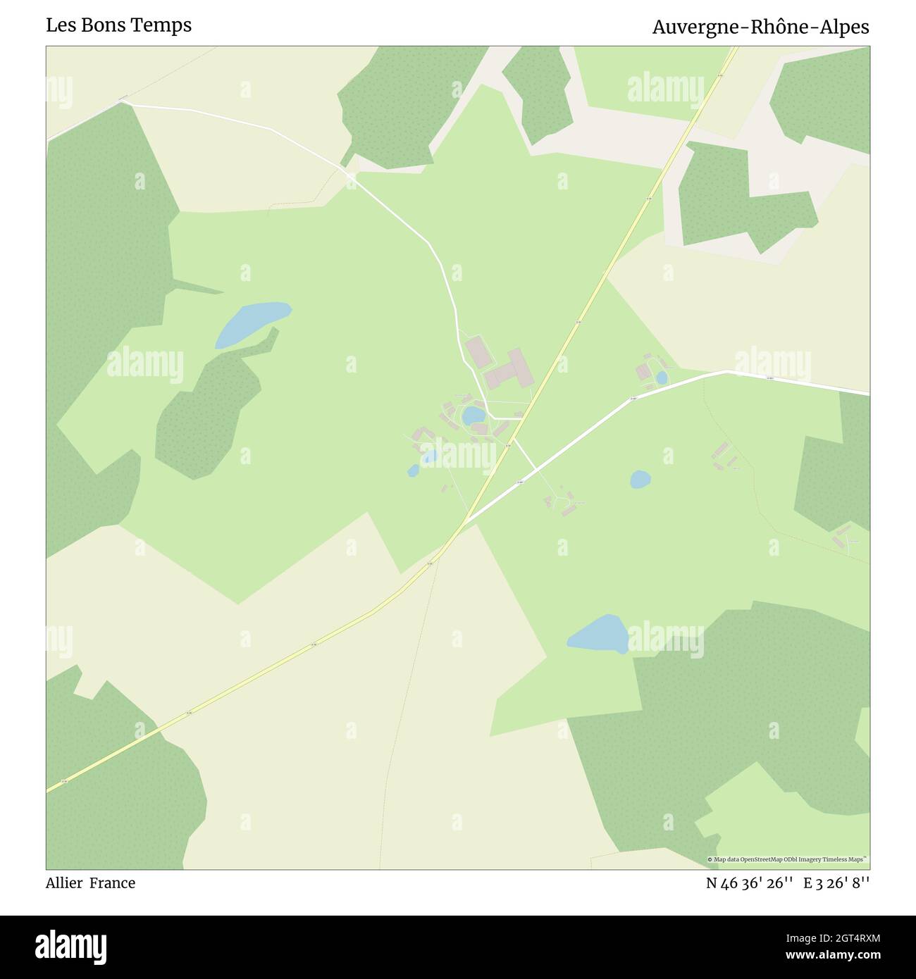 Les Bons Temps, Allier, Francia, Auvergne-Rhône-Alpes, N 46 36' 26''', e 3 26' 8''', mappa, mappa senza tempo pubblicata nel 2021. Viaggiatori, esploratori e avventurieri come Florence Nightingale, David Livingstone, Ernest Shackleton, Lewis and Clark e Sherlock Holmes si sono affidati alle mappe per pianificare i viaggi verso gli angoli più remoti del mondo, Timeless Maps sta mappando la maggior parte delle località del mondo, mostrando il successo di grandi sogni Foto Stock