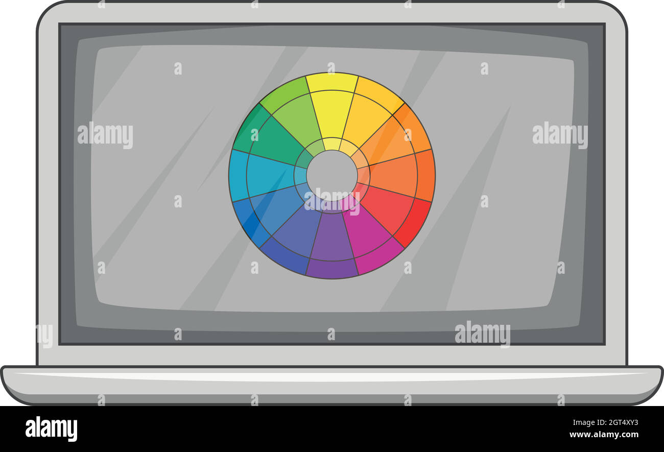 Computer portatile con la stampa di tavolozza, icona di stile cartoon Illustrazione Vettoriale