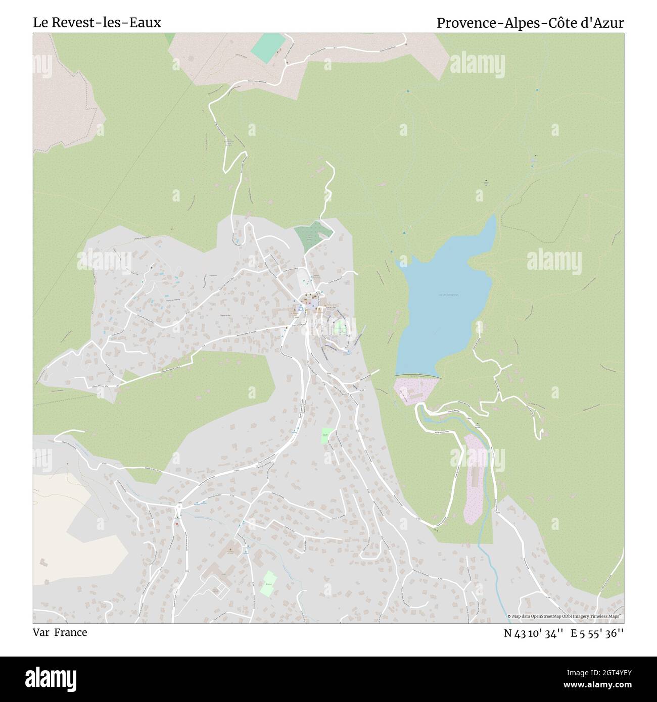 Le Revest-les-Eaux, Var, Francia, Provence-Alpes-Côte d'Azur, N 43 10' 34''', e 5 55' 36''', mappa, Mappa senza tempo pubblicata nel 2021. Viaggiatori, esploratori e avventurieri come Florence Nightingale, David Livingstone, Ernest Shackleton, Lewis and Clark e Sherlock Holmes si sono affidati alle mappe per pianificare i viaggi verso gli angoli più remoti del mondo, Timeless Maps sta mappando la maggior parte delle località del mondo, mostrando il successo di grandi sogni Foto Stock