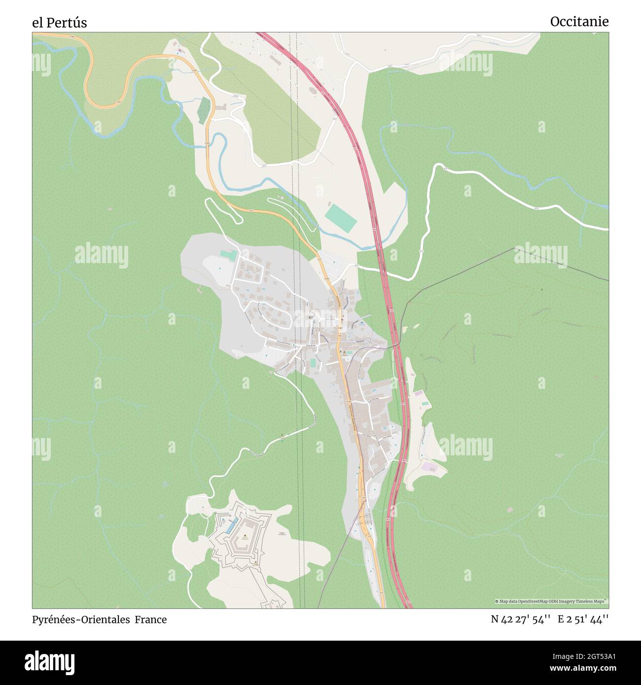 el Pertús, Pyrénées-Orientales, Francia, Occitanie, N 42 27' 54'', e 2 51' 44''', mappa, mappa senza tempo pubblicata nel 2021. Viaggiatori, esploratori e avventurieri come Florence Nightingale, David Livingstone, Ernest Shackleton, Lewis and Clark e Sherlock Holmes si sono affidati alle mappe per pianificare i viaggi verso gli angoli più remoti del mondo, Timeless Maps sta mappando la maggior parte delle località del mondo, mostrando il successo di grandi sogni Foto Stock