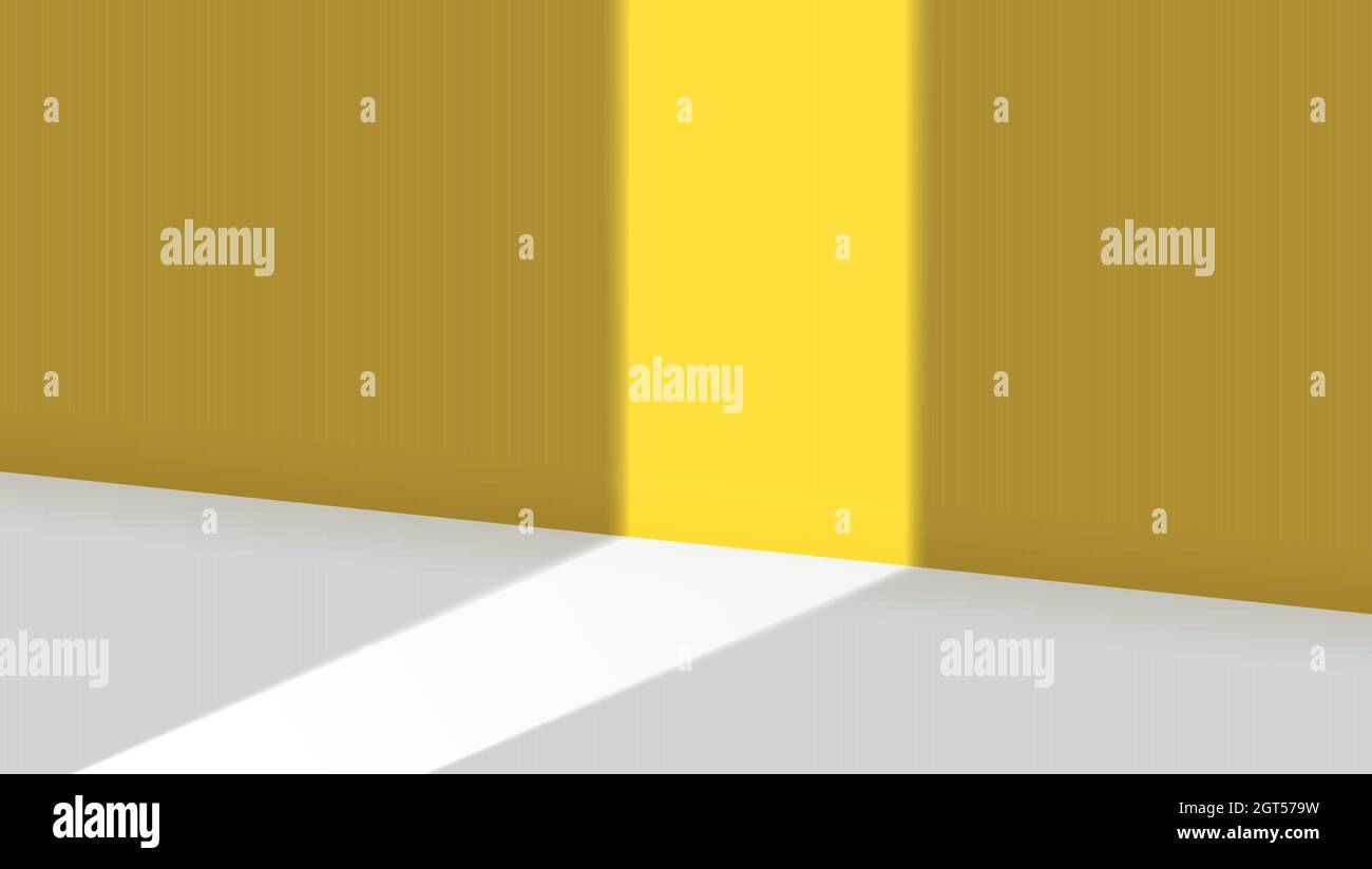 Studio per l'esposizione dei prodotti con spazio per la copia. Raggio di luce sulla parete gialla. sfondo 3d. Illustrazione Vettoriale