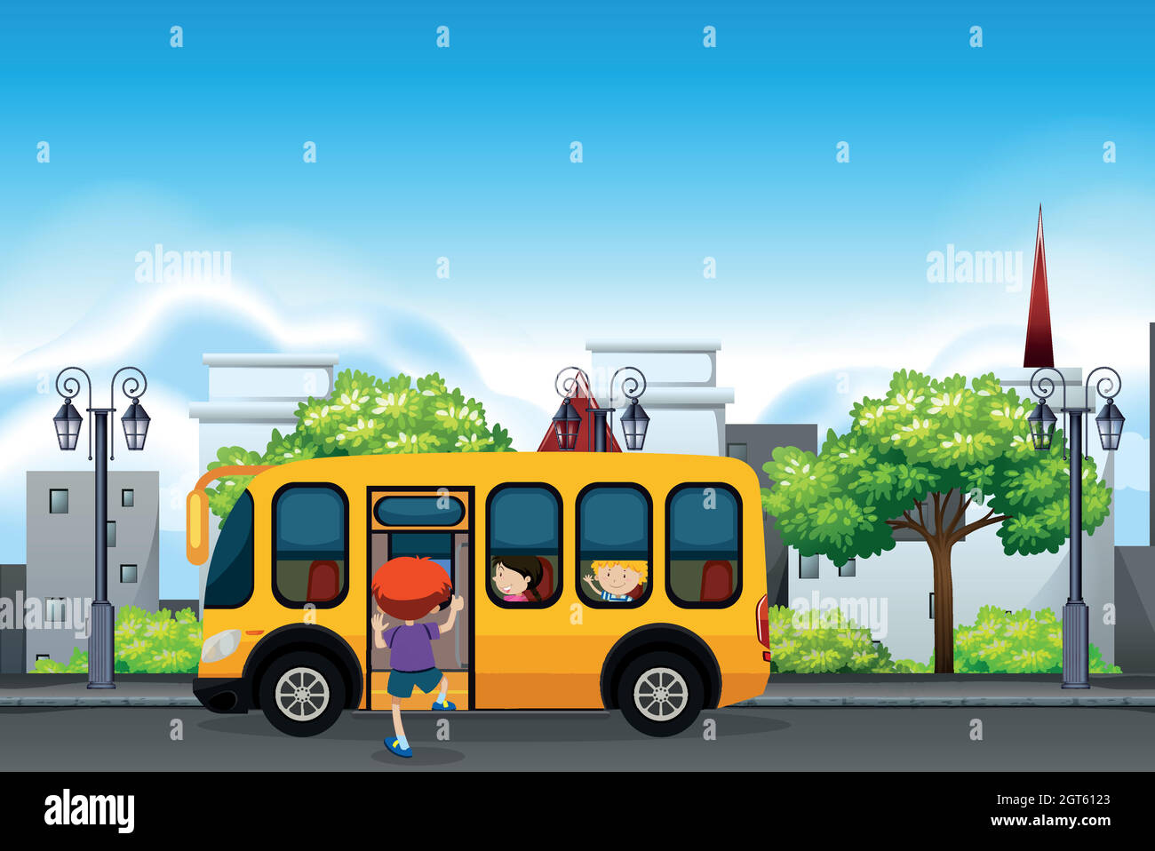 Bambini su un bus scuola giallo Illustrazione Vettoriale