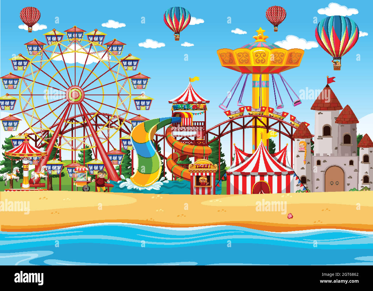 Parco divertimenti con spiaggia di giorno con palloncini nel cielo Illustrazione Vettoriale
