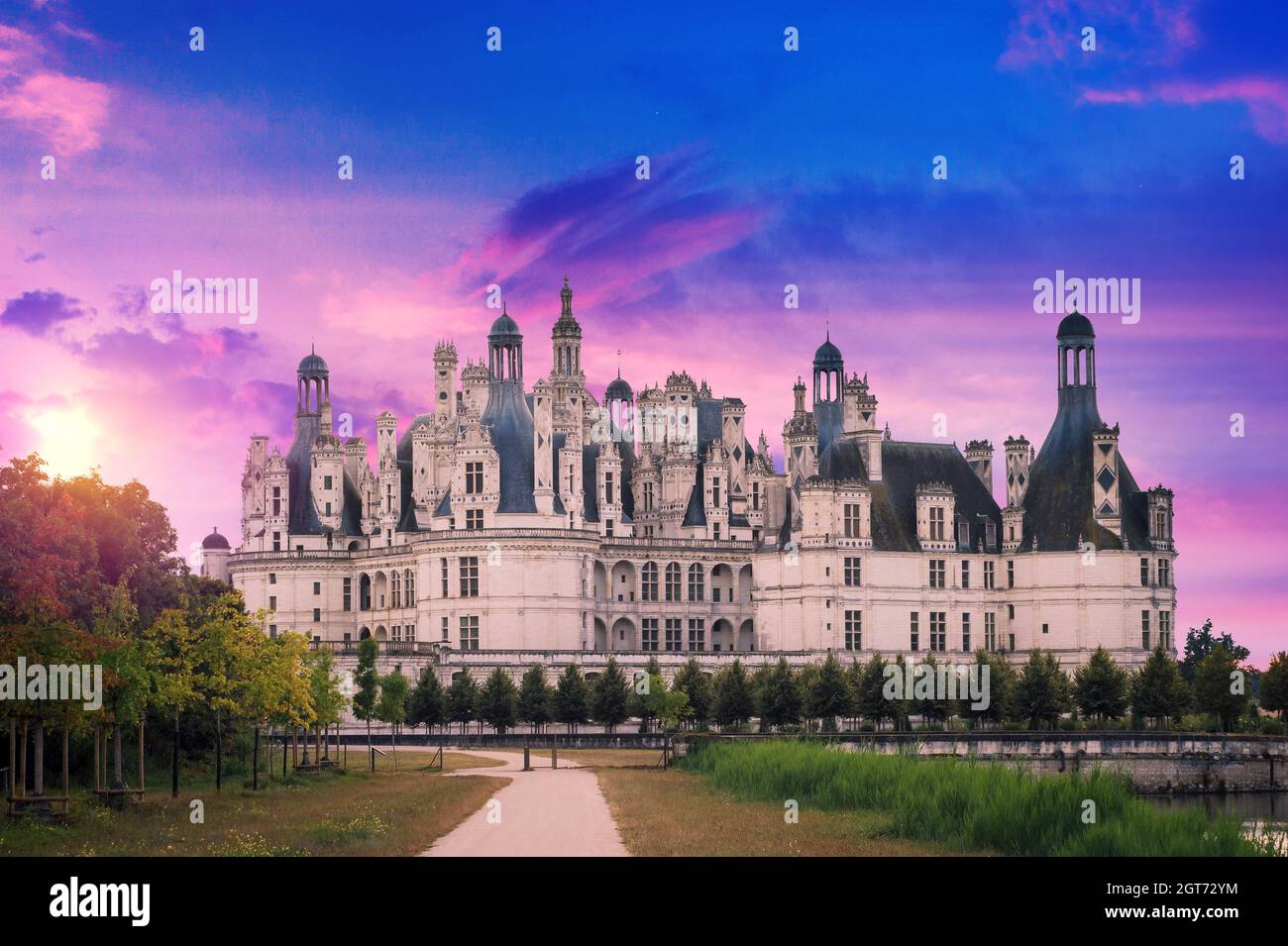 Chateau de Chambord palazzo vista tramonto, il Château de Chambord a Chambord, Centre Region, Francia. Foto Stock