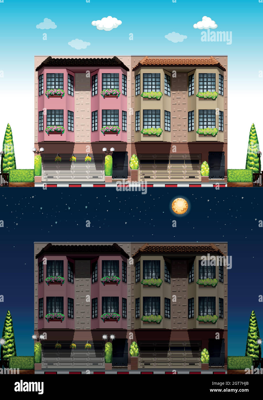 Quartiere di giorno e di notte Illustrazione Vettoriale