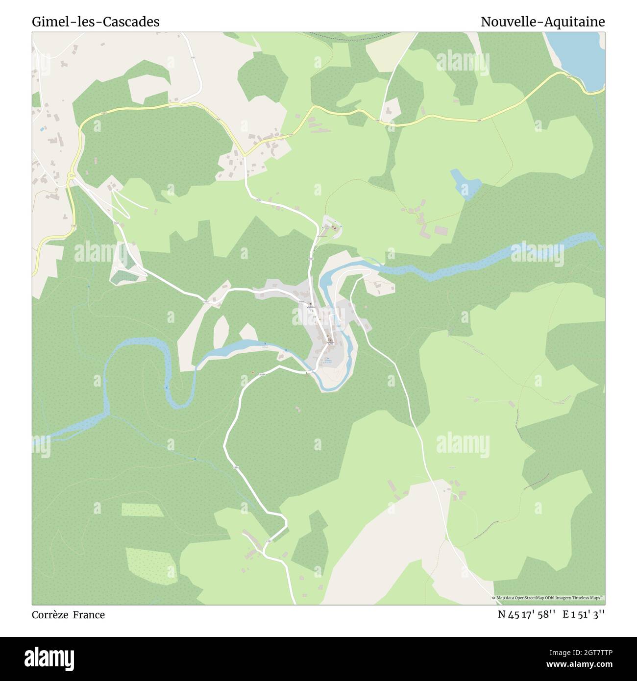 Gimel-les-Cascades, Corrèze, Francia, Nouvelle-Aquitaine, N 45 17' 58''', e 1 51' 3''', mappa, Mappa senza tempo pubblicata nel 2021. Viaggiatori, esploratori e avventurieri come Florence Nightingale, David Livingstone, Ernest Shackleton, Lewis and Clark e Sherlock Holmes si sono affidati alle mappe per pianificare i viaggi verso gli angoli più remoti del mondo, Timeless Maps sta mappando la maggior parte delle località del mondo, mostrando il successo di grandi sogni Foto Stock