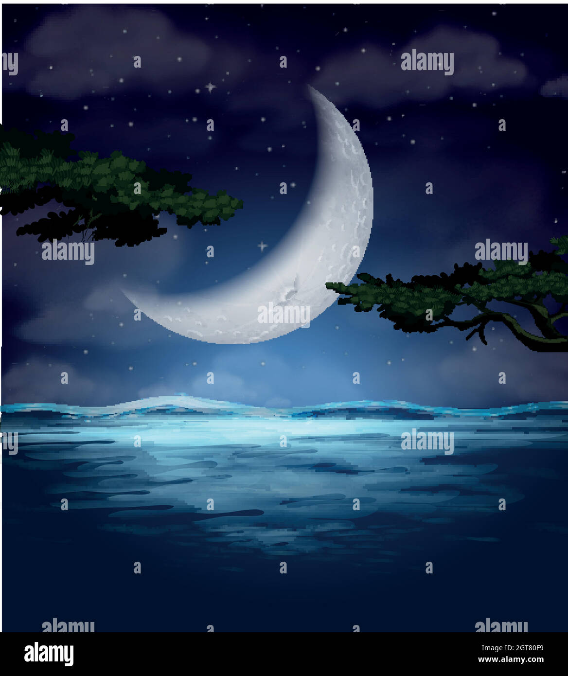 Una luna crescente riflessione sull'acqua Illustrazione Vettoriale