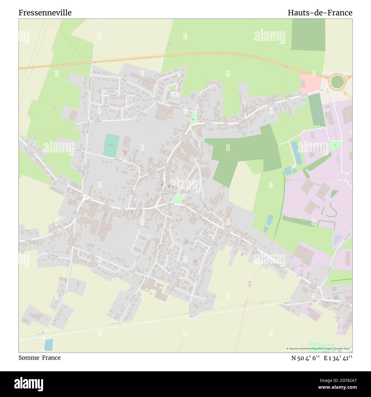 Fressenneville, Somme, Francia, Hauts-de-France, N 50 4' 6'', e 1 34' 41''', mappa, mappa senza tempo pubblicata nel 2021. Viaggiatori, esploratori e avventurieri come Florence Nightingale, David Livingstone, Ernest Shackleton, Lewis and Clark e Sherlock Holmes si sono affidati alle mappe per pianificare i viaggi verso gli angoli più remoti del mondo, Timeless Maps sta mappando la maggior parte delle località del mondo, mostrando il successo di grandi sogni Foto Stock