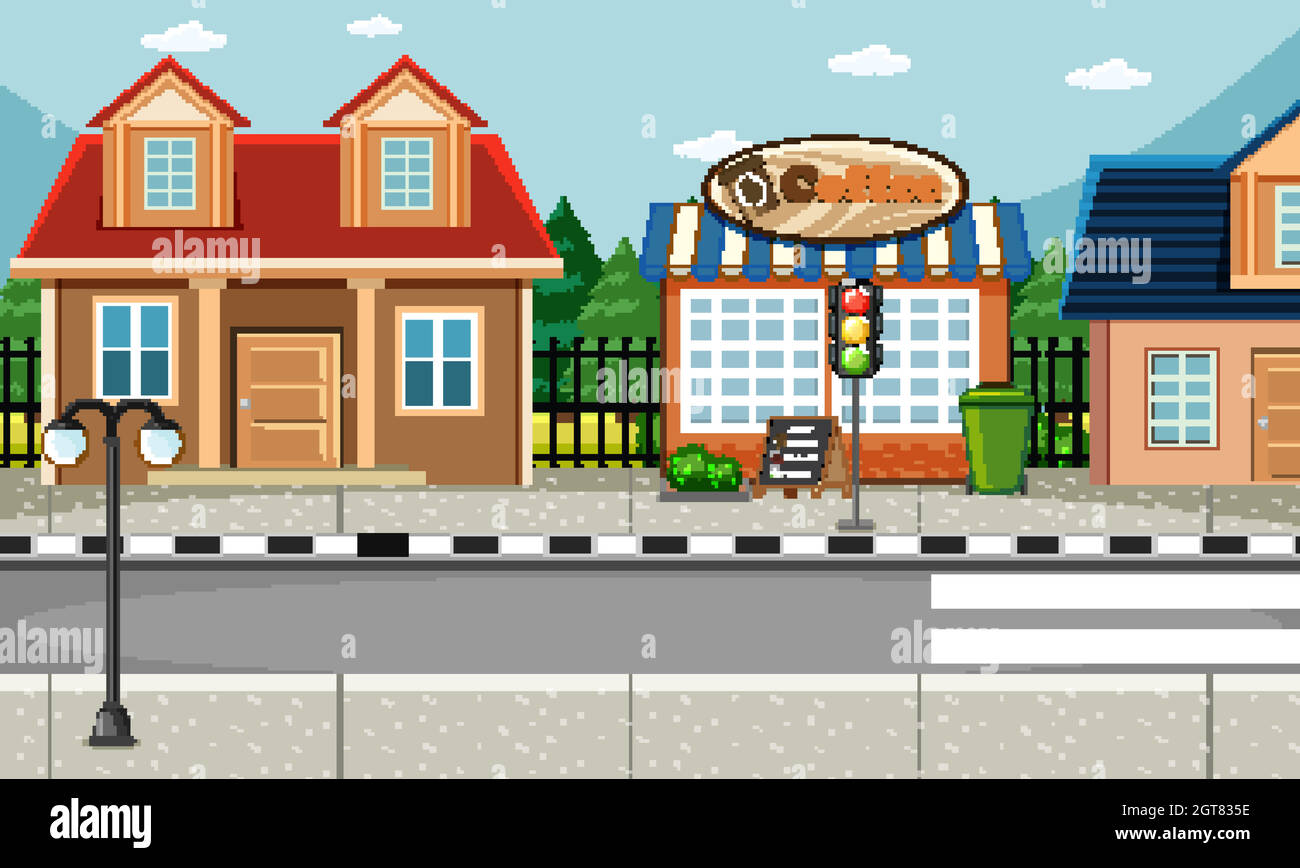 Scena Street Side con scena house e coffee shop Illustrazione Vettoriale