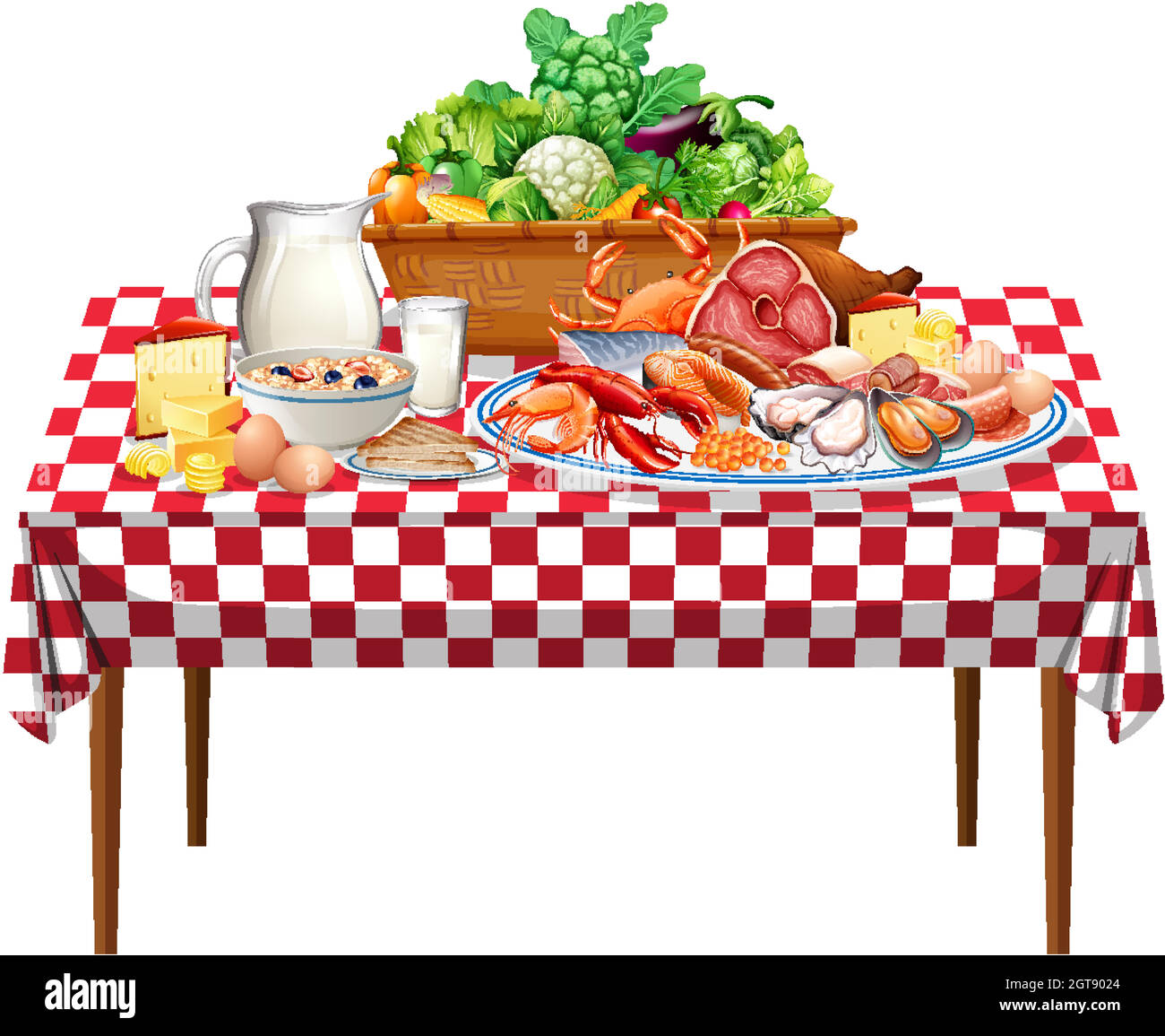 Cibi freschi o gruppi di cibo sul tavolo con tovaglia a scacchi Illustrazione Vettoriale Cibi freschi o gruppi di cibo sul tavolo con tovaglia a scacchi Illustrazione Vettoriale