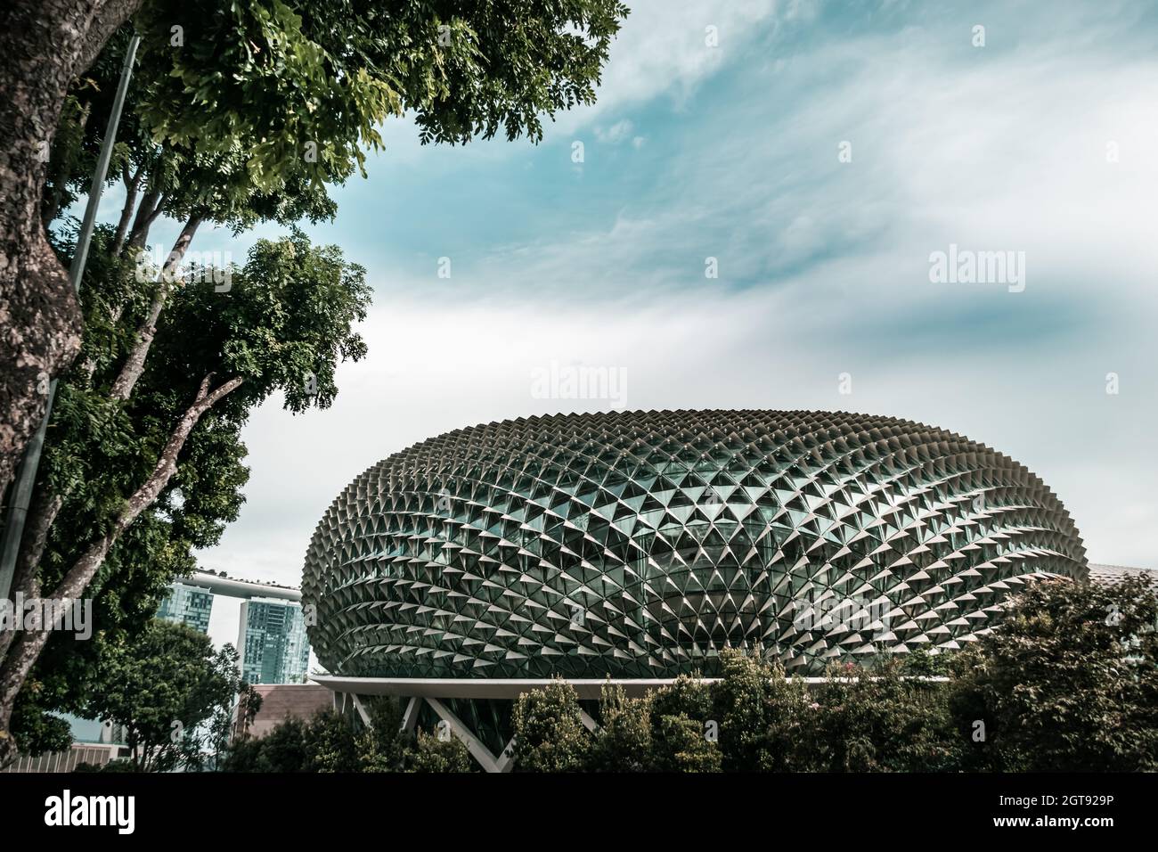 L'Esplanade Theaters e' un centro per le arti dello spettacolo situato nel centro citta', vicino alla foce del Fiume Singapore. Foto Stock