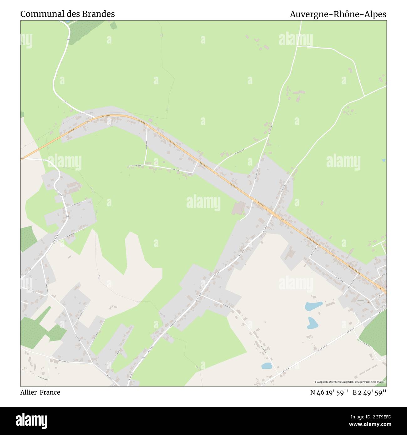 Communal des Brandes, Allier, Francia, Auvergne-Rhône-Alpes, N 46 19' 59''', e 2 49' 59''', mappa, mappa senza tempo pubblicata nel 2021. Viaggiatori, esploratori e avventurieri come Florence Nightingale, David Livingstone, Ernest Shackleton, Lewis and Clark e Sherlock Holmes si sono affidati alle mappe per pianificare i viaggi verso gli angoli più remoti del mondo, Timeless Maps sta mappando la maggior parte delle località del mondo, mostrando il successo di grandi sogni Foto Stock