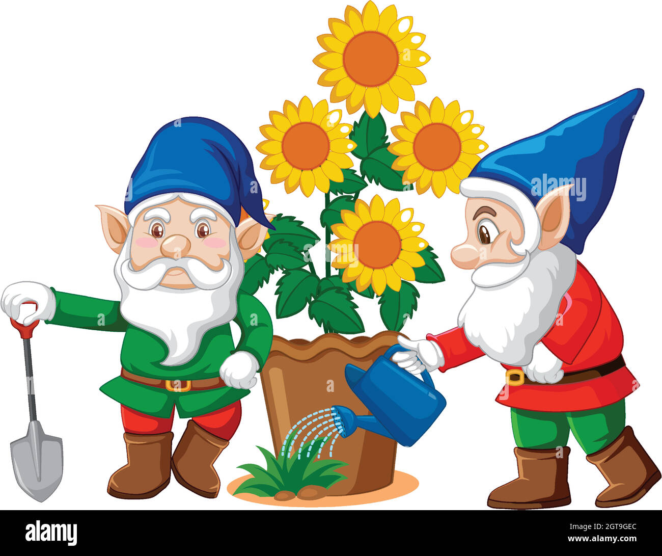 Gnomes con vaso fiore in stile cartoon su sfondo bianco Illustrazione Vettoriale
