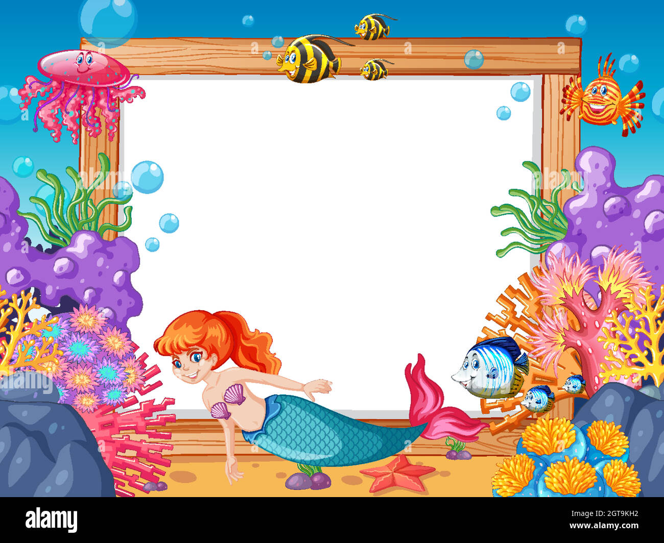 Tema Sirenetta e animale marino con cartoni animati bianchi su sfondo marino Illustrazione Vettoriale