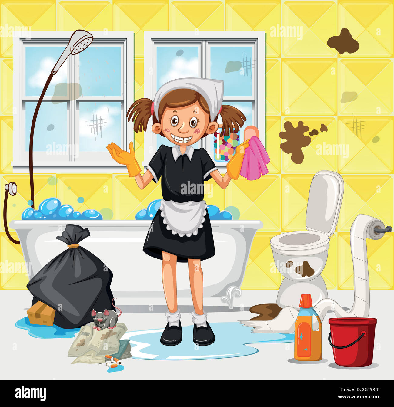 Una pulizia della Maid bagno sporco Illustrazione Vettoriale