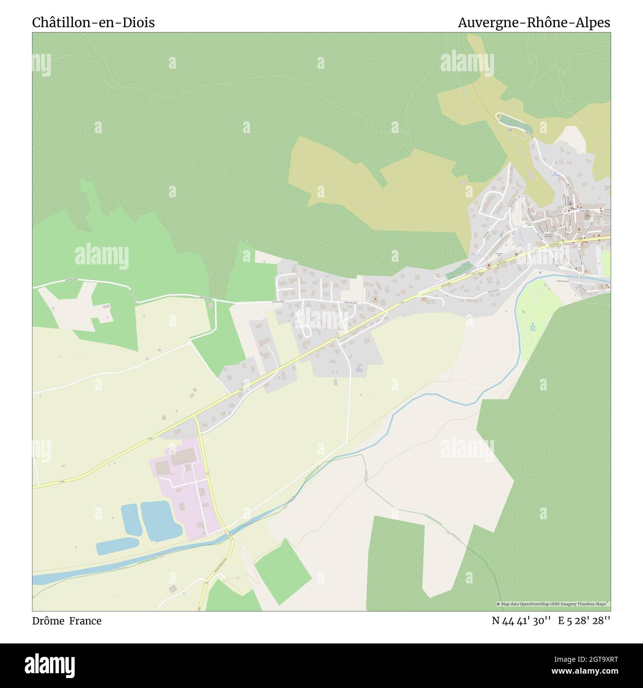 Châtillon-en-Diois, Drôme, Francia, Auvergne-Rhône-Alpes, N 44 41' 30''', e 5 28' 28''', mappa, mappa senza tempo pubblicata nel 2021. Viaggiatori, esploratori e avventurieri come Florence Nightingale, David Livingstone, Ernest Shackleton, Lewis and Clark e Sherlock Holmes si sono affidati alle mappe per pianificare i viaggi verso gli angoli più remoti del mondo, Timeless Maps sta mappando la maggior parte delle località del mondo, mostrando il successo di grandi sogni Foto Stock