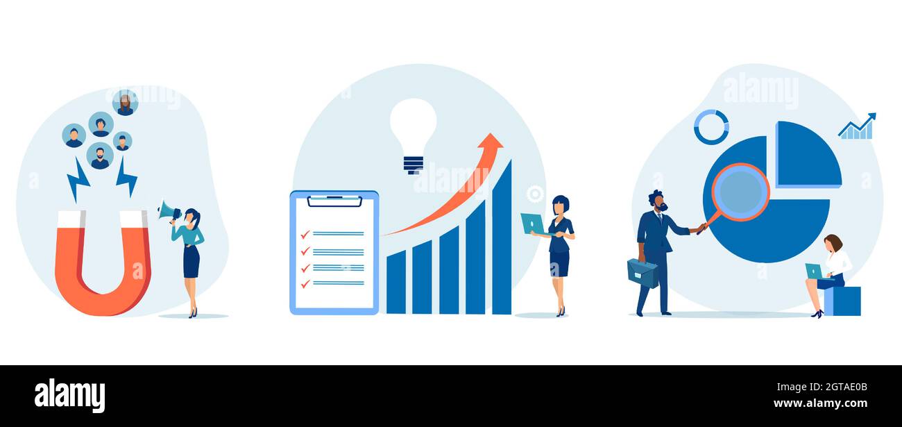 Strategia aziendale e concetto di attrazione per i clienti. Vettore di un team di persone che costruisce un successo Illustrazione Vettoriale