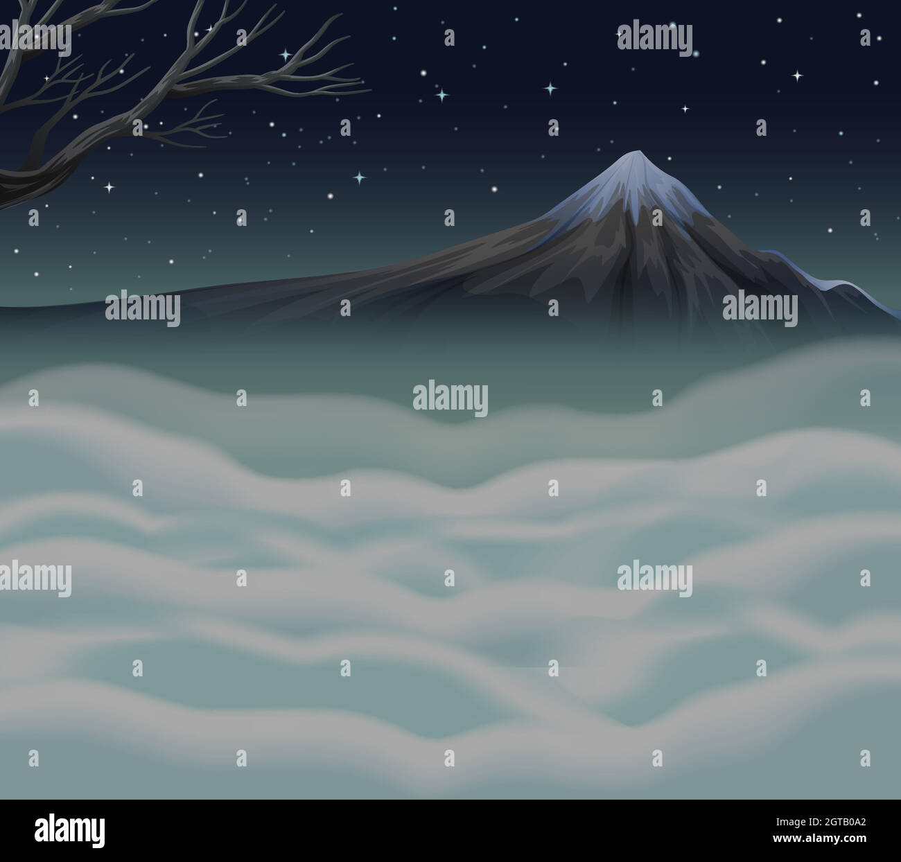 Scena naturale con nebbia sulla vetta della montagna Illustrazione Vettoriale