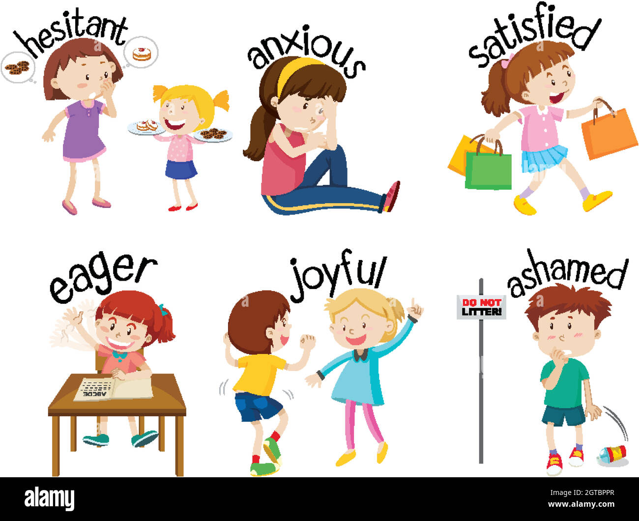 Insieme di parole aggettive con i bambini che esprimono i loro sentimenti Illustrazione Vettoriale