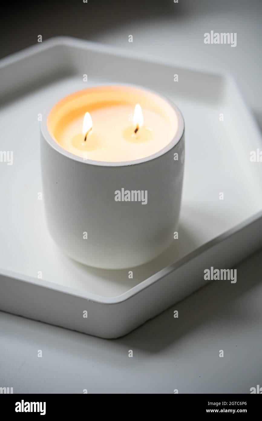 Candela che brucia con due pulcini, candela fatta a mano in vaso bianco Foto Stock