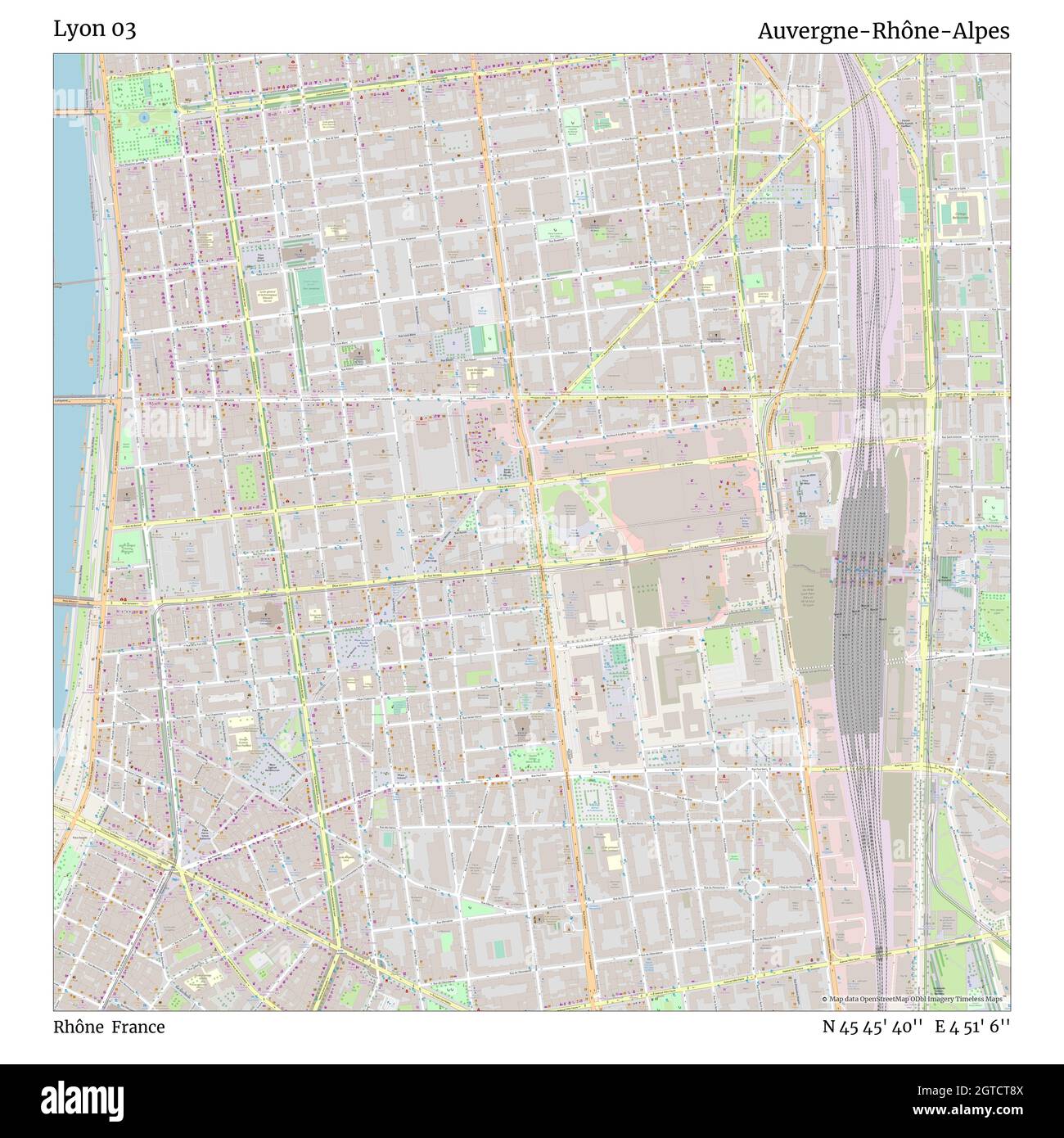 Lione 03, Rhône, Francia, Auvergne-Rhône-Alpes, N 45 45' 40'', e 4 51' 6'', mappa, mappa senza tempo pubblicata nel 2021. Viaggiatori, esploratori e avventurieri come Florence Nightingale, David Livingstone, Ernest Shackleton, Lewis and Clark e Sherlock Holmes si sono affidati alle mappe per pianificare i viaggi verso gli angoli più remoti del mondo, Timeless Maps sta mappando la maggior parte delle località del mondo, mostrando il successo di grandi sogni Foto Stock