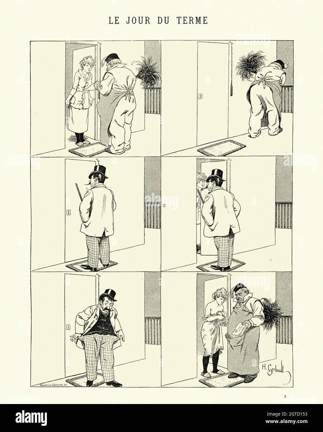 Illustrazione d'epoca di un fumetto francese di Henry Gerbault. Le jour du terme (il giorno del termine), giovane donna a corto di affitto denaro il quarto giorno Foto Stock