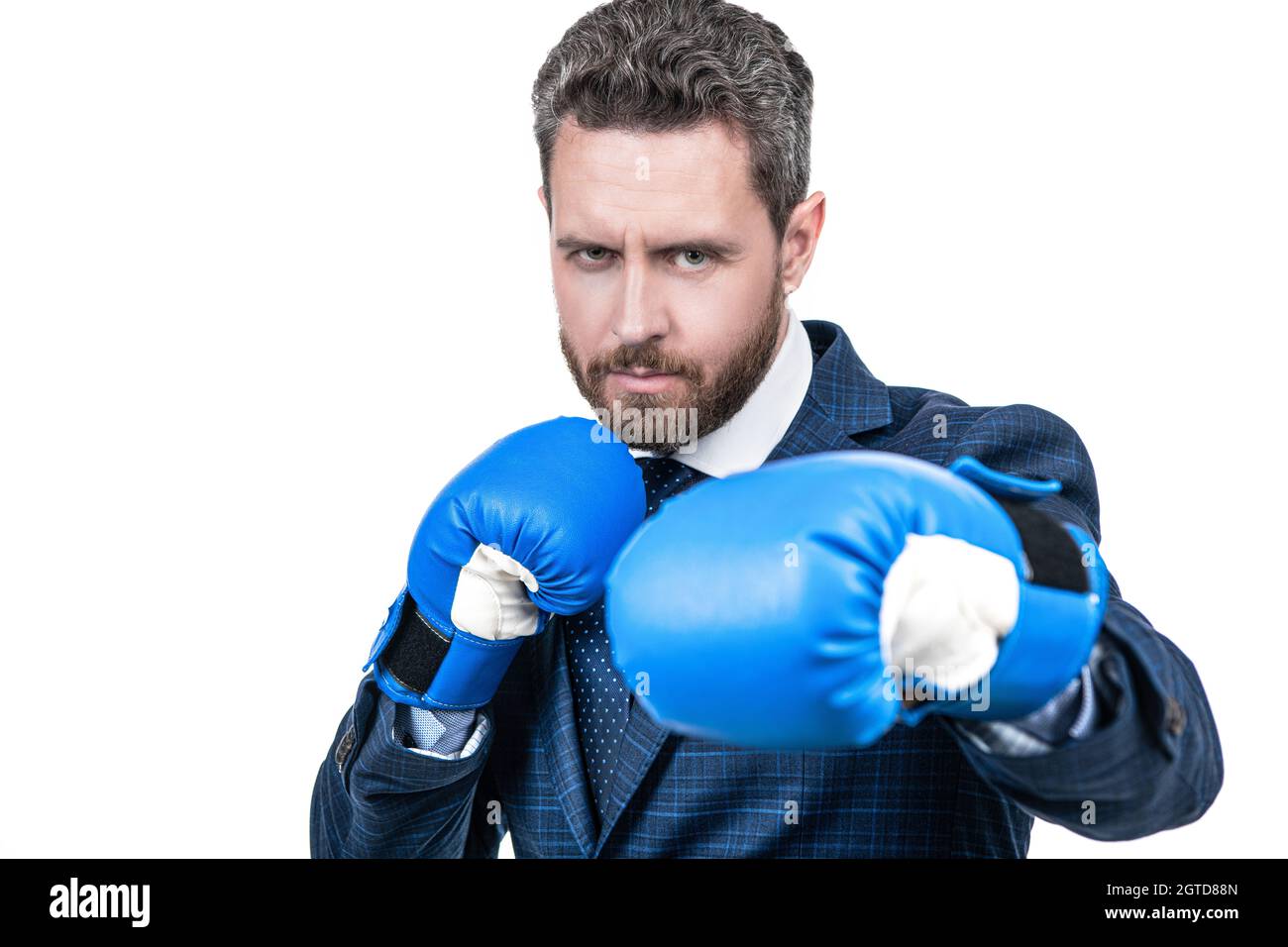 Il responsabile senior si trova in posizione di combattimento e indossa guanti da boxe isolati su bianco, rivalità commerciale Foto Stock