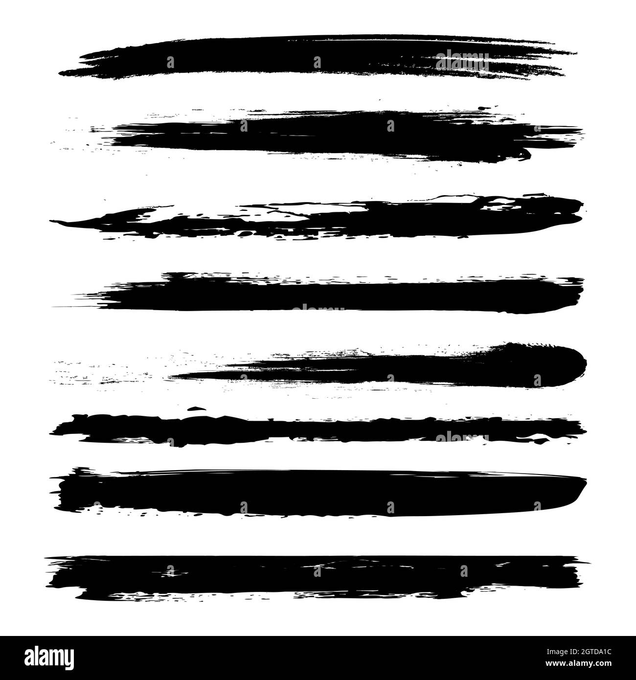 Set di bordi vettoriali neri. Strisce con effetto grungo. Pennellate. Collezione di design artistico sporco per cornici, insegne, striscioni, simboli Illustrazione Vettoriale