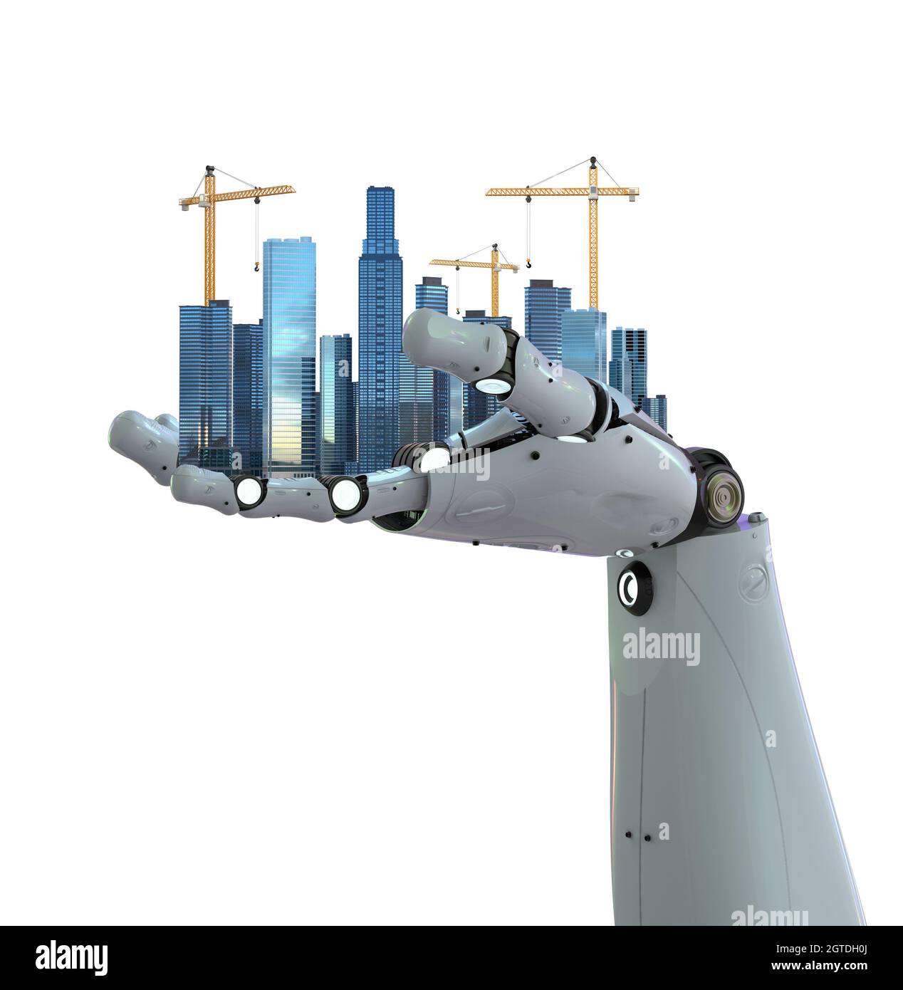 Città intelligente con robot di rendering 3d con città di sviluppo Foto Stock