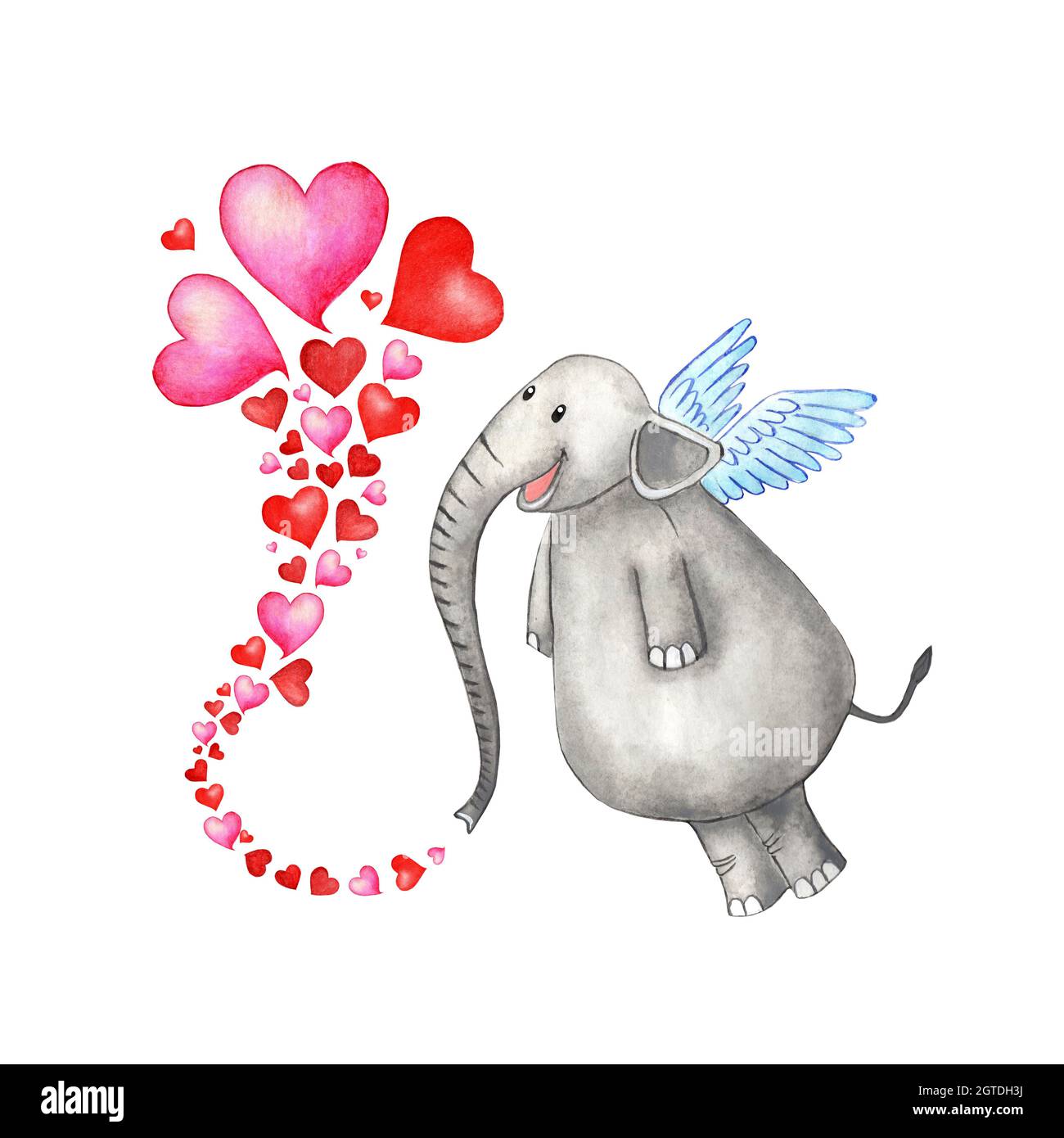 Illustrazione acquerello di un elefante felice con le ali e i cuori che sono versati dal suo tronco. Concetto di amore in stile cartone animato. San Valentino, matrimonio Foto Stock