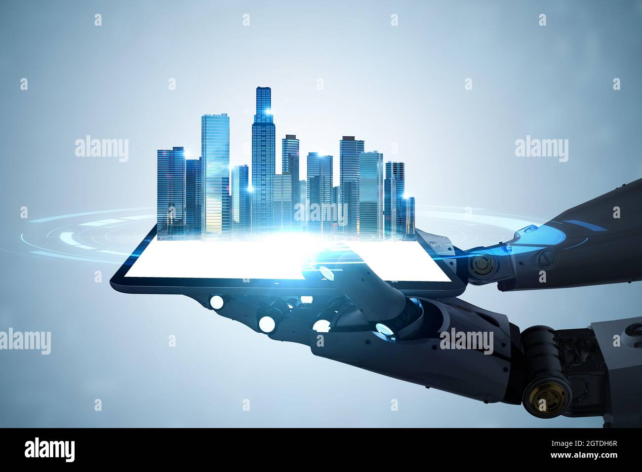 Città intelligente con robot di rendering 3d con città di sviluppo Foto Stock