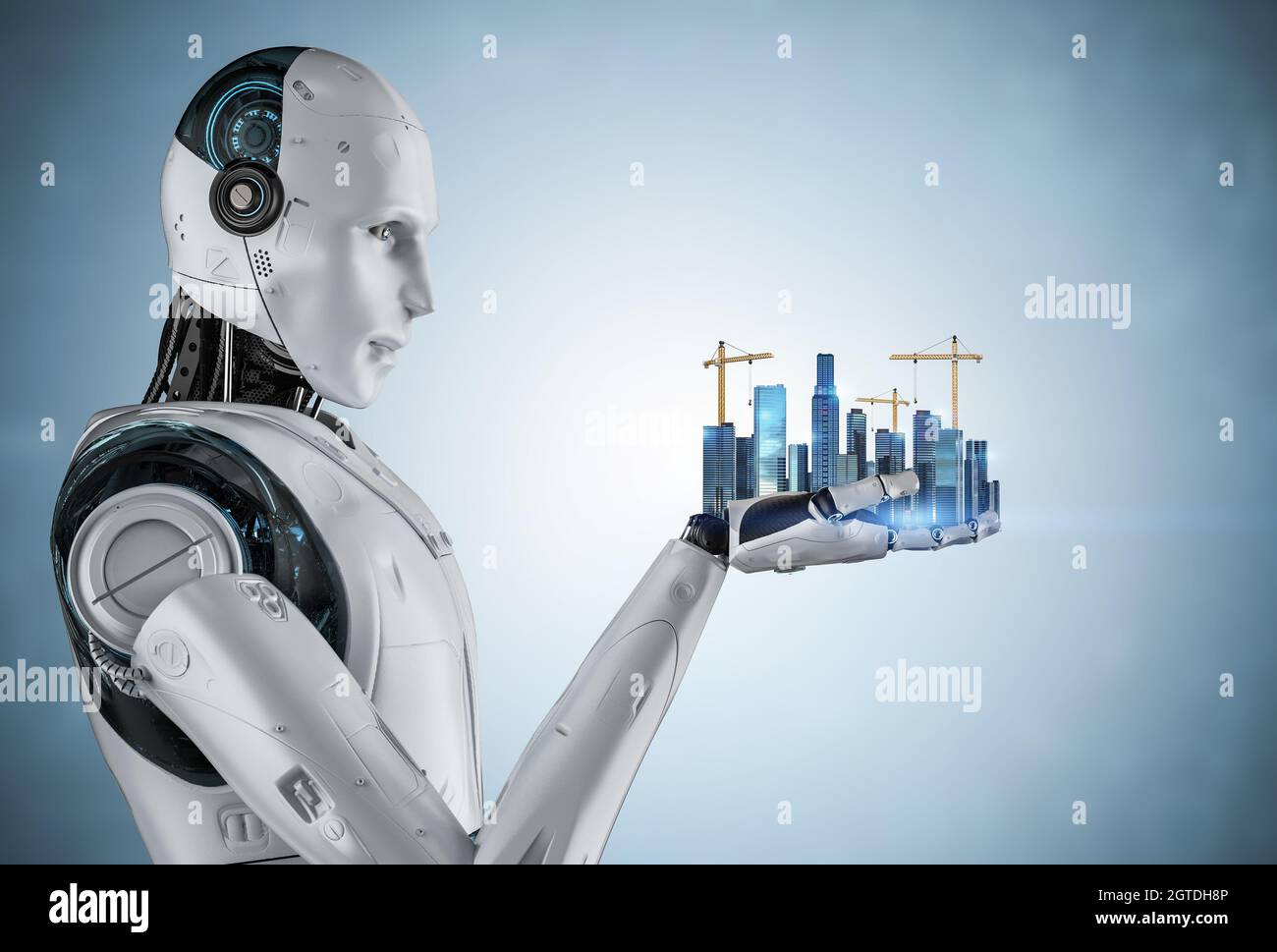 Città intelligente con robot di rendering 3d con città di sviluppo Foto Stock