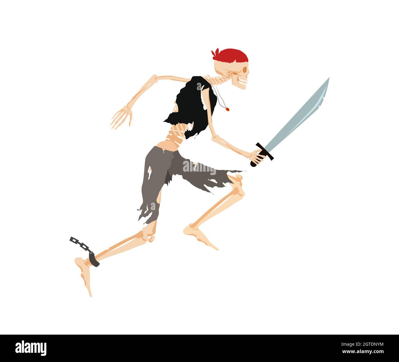 Scheletro pirata running con sciabola. L'uomo morto ravvivato in bandana sta attaccando rapidamente i nemici Illustrazione Vettoriale