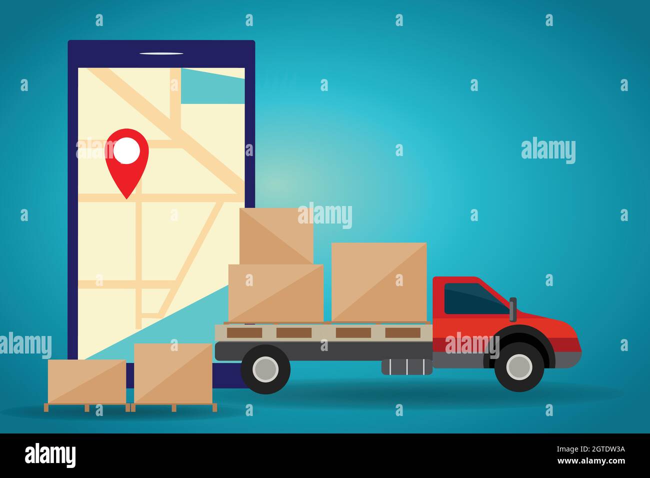 Camion con pacchetti e smartphone, con localizzazione di tracciamento, concetto di consegna Illustrazione Vettoriale